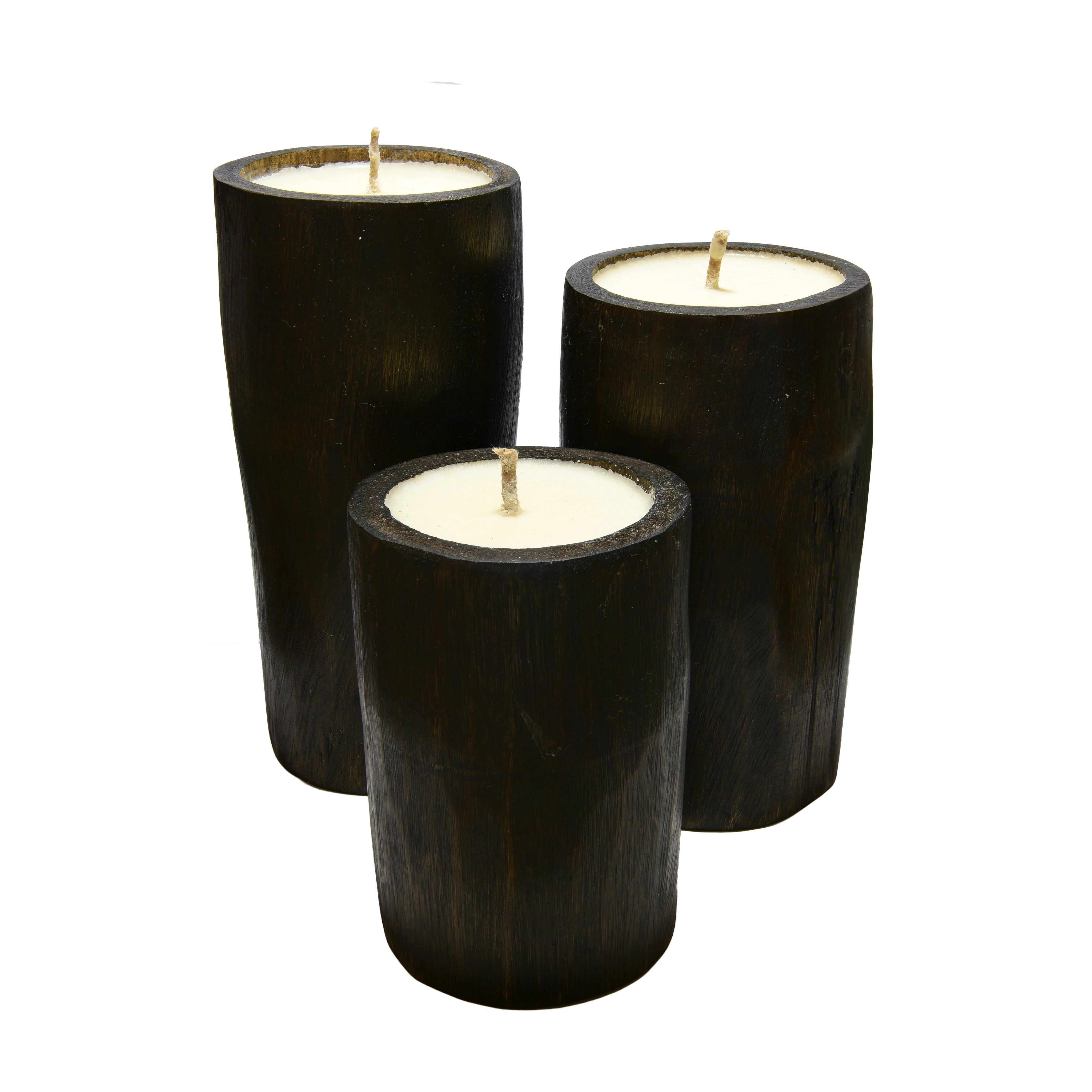 Handcrafted Handcrafted Oak Bamboo Candles Set of 3 - Natural Sandalwood Rice Wax from Chiang Rai Thailand - Lalanna Design