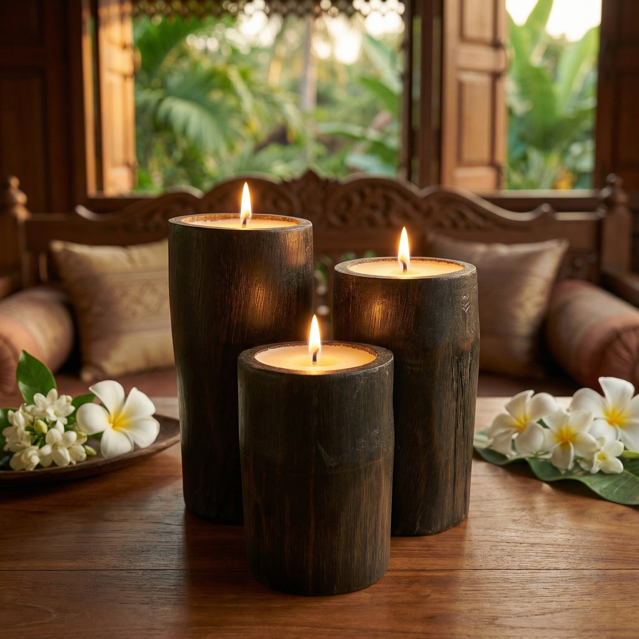 Handcrafted Handcrafted Oak Bamboo Candles Set of 3 - Natural Sandalwood Rice Wax from Chiang Rai Thailand - Lalanna Design