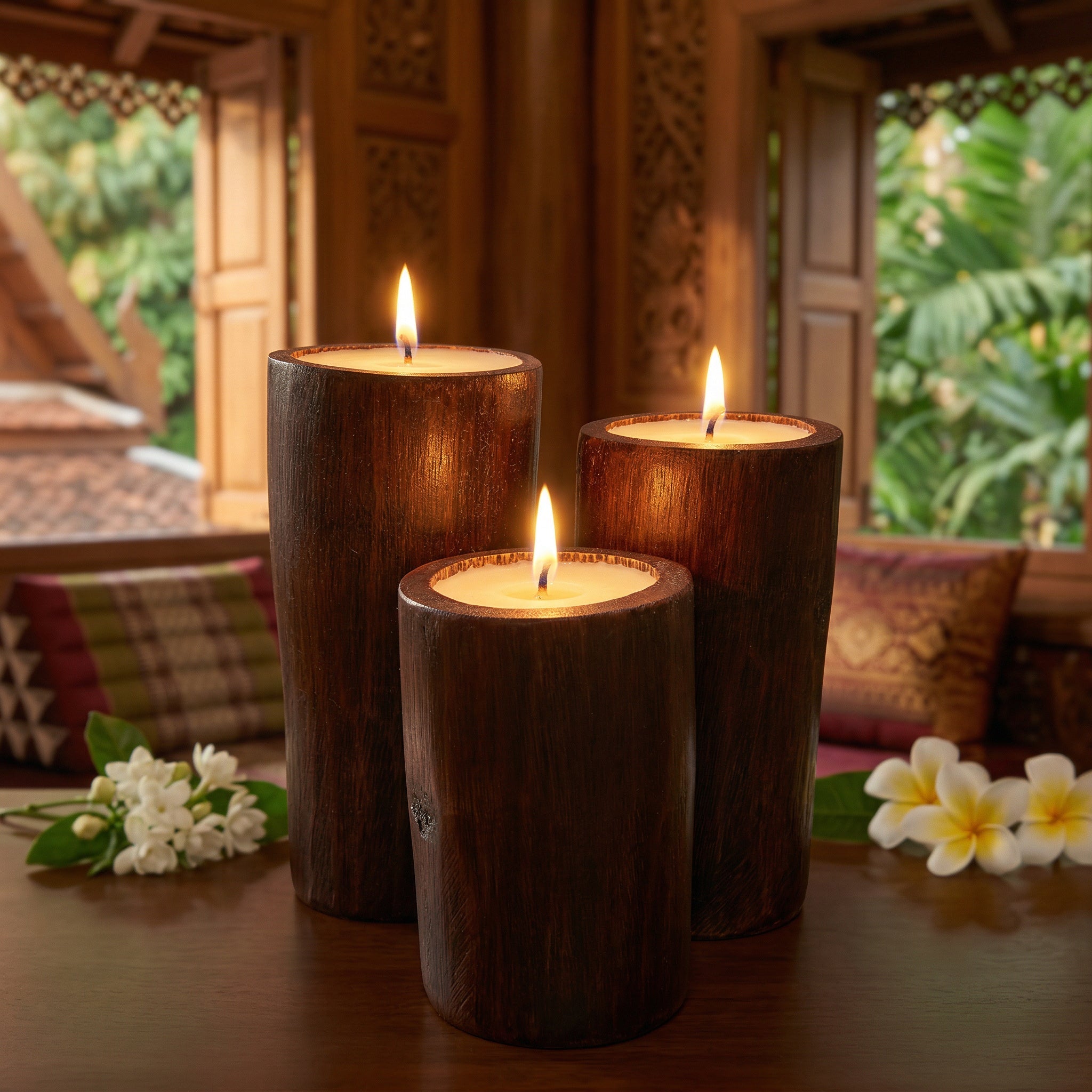Handcrafted Handcrafted Red Bamboo Candles Set of 3 - Natural Sandalwood Rice Wax from Chiang Rai Thailand - Lalanna Design