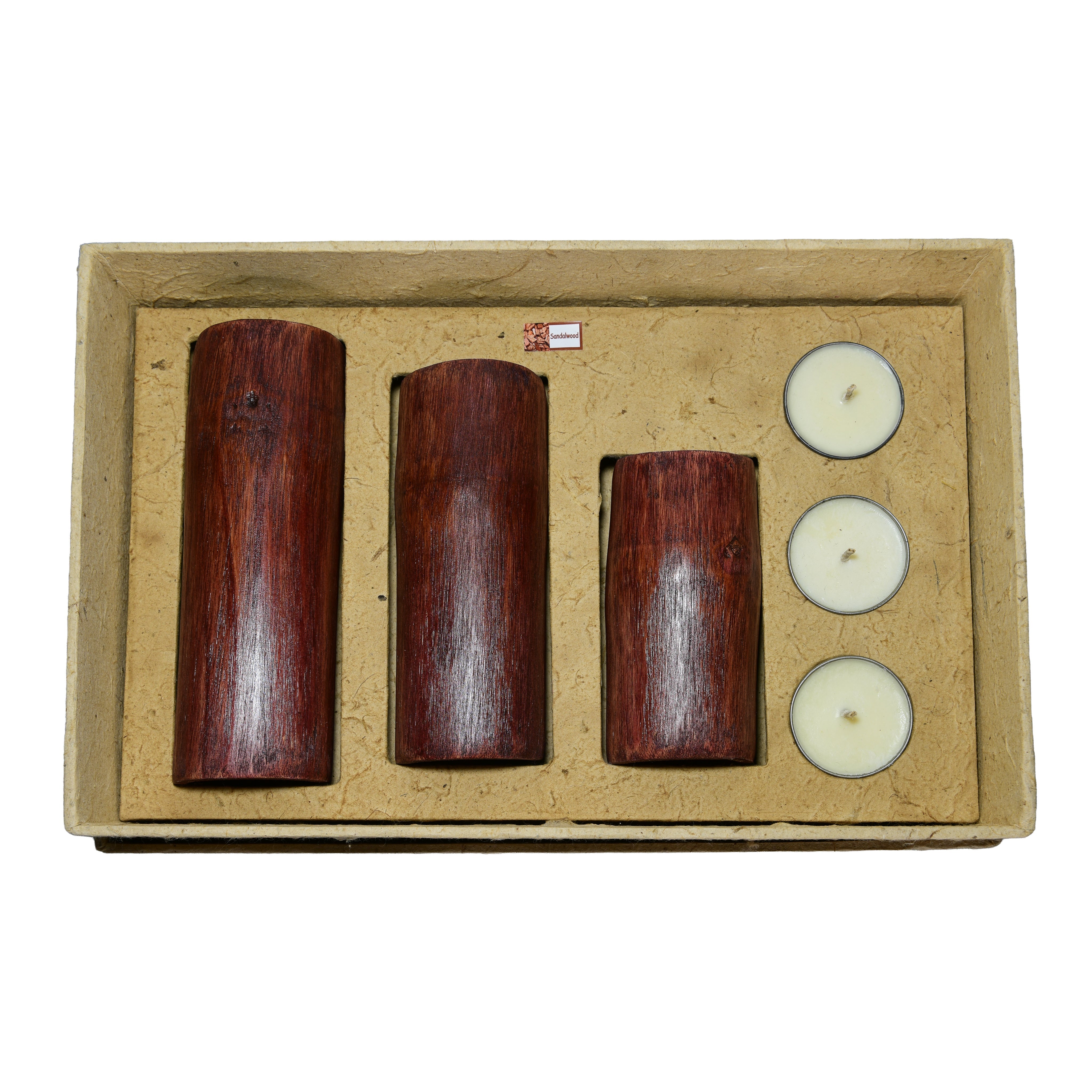 Handcrafted Handcrafted Red Bamboo Tealight Candle Holders Set of 3 - Natural Sandalwood Rice Wax from Chiang Mai Thailand - Lalanna Design