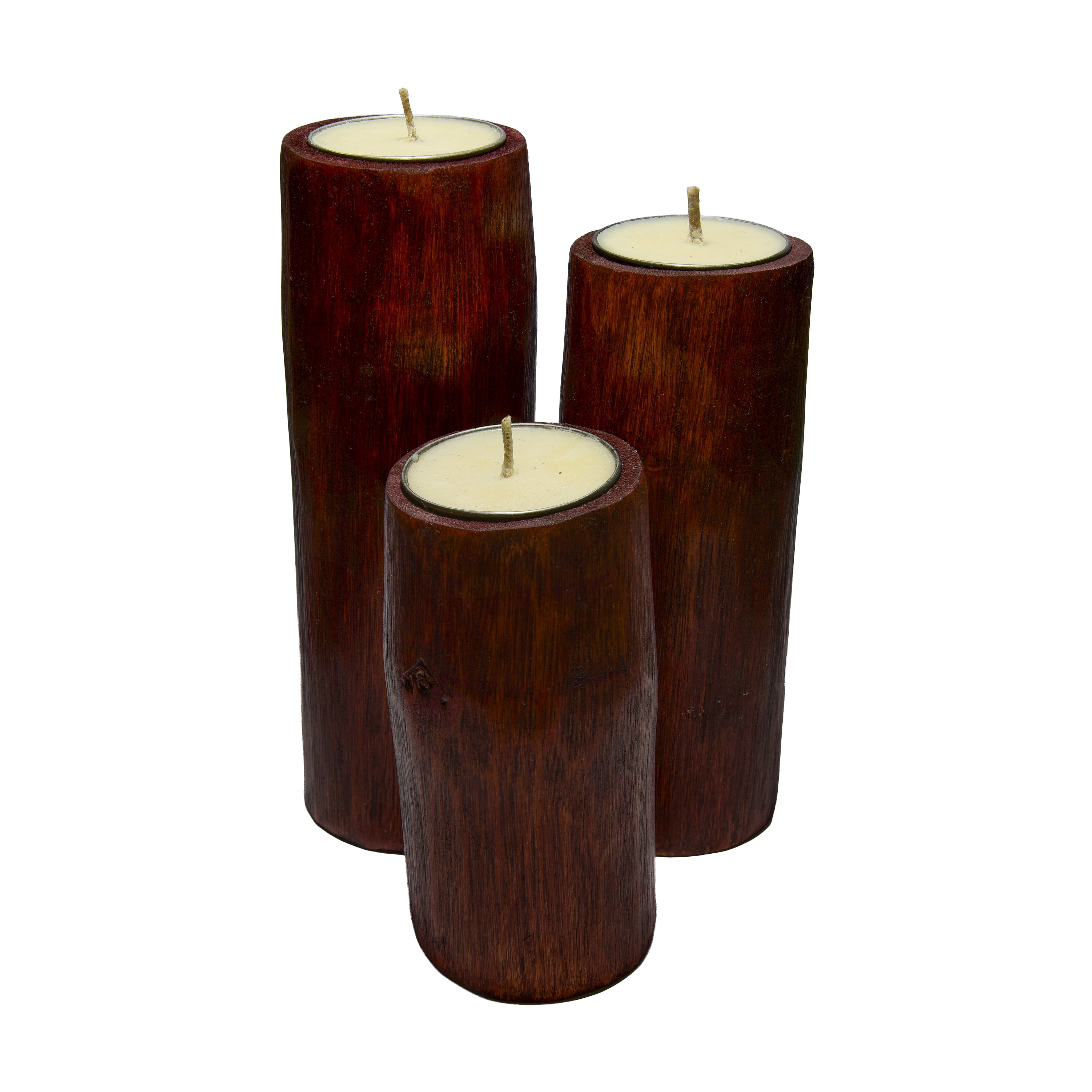 Handcrafted Handcrafted Red Bamboo Tealight Candle Holders Set of 3 - Natural Sandalwood Rice Wax from Chiang Rai Thailand - Lalanna Design