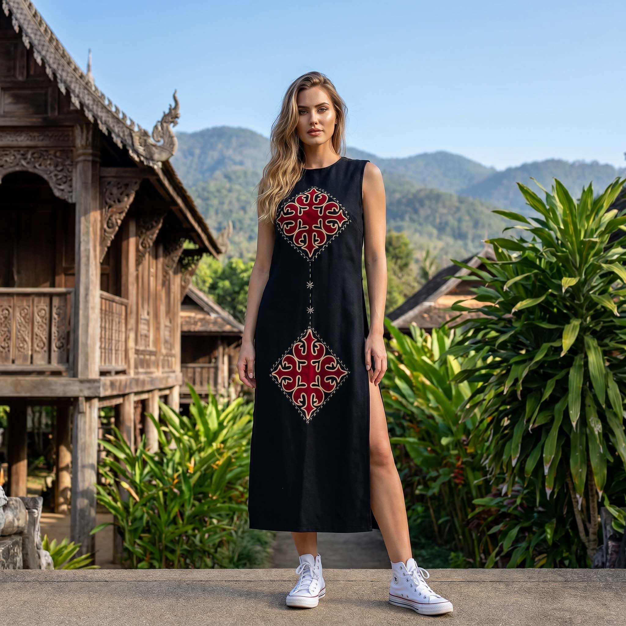 Handcrafted Iu Mien Black Diamond Dress from Chiang Rai Thailand - Lalanna Design