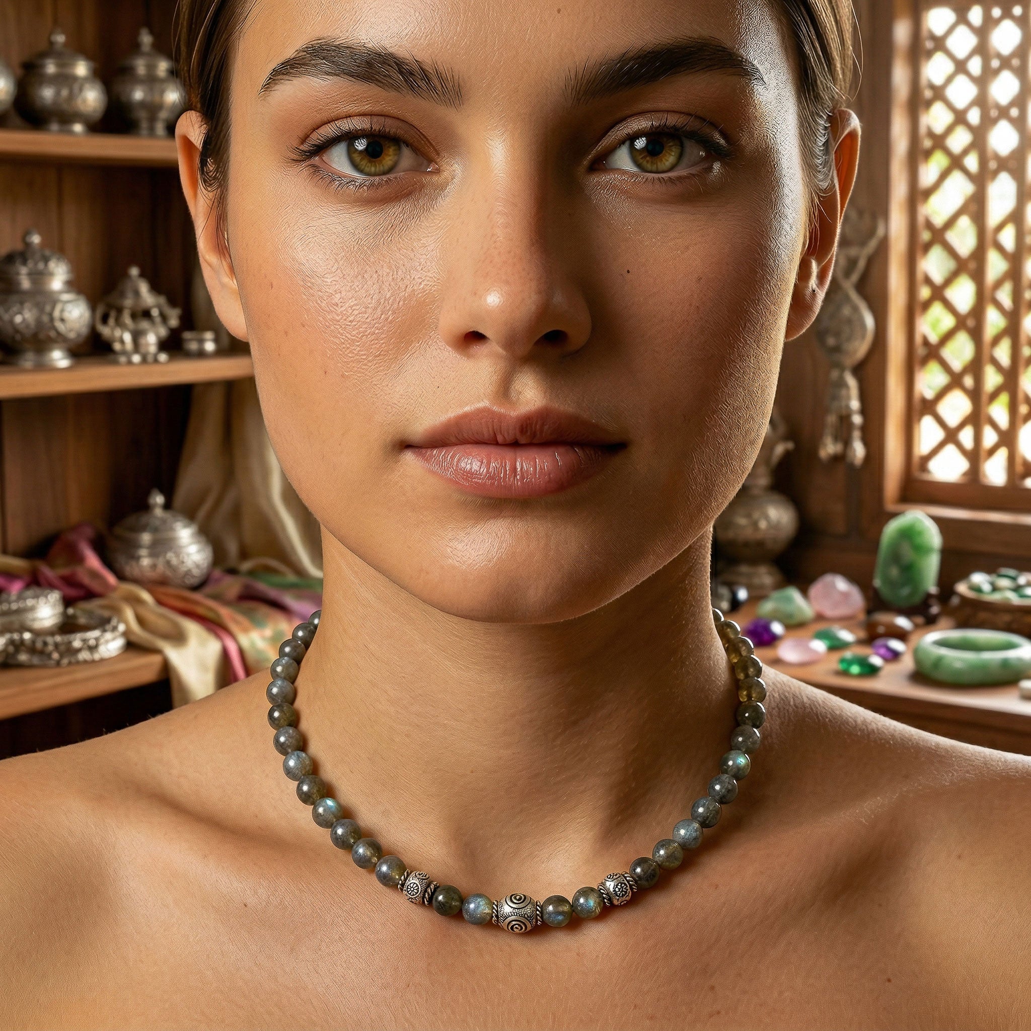Handcrafted Labradorite Necklace with Karen Silver Beads from Chiang Mai Thailand - Lalanna Design