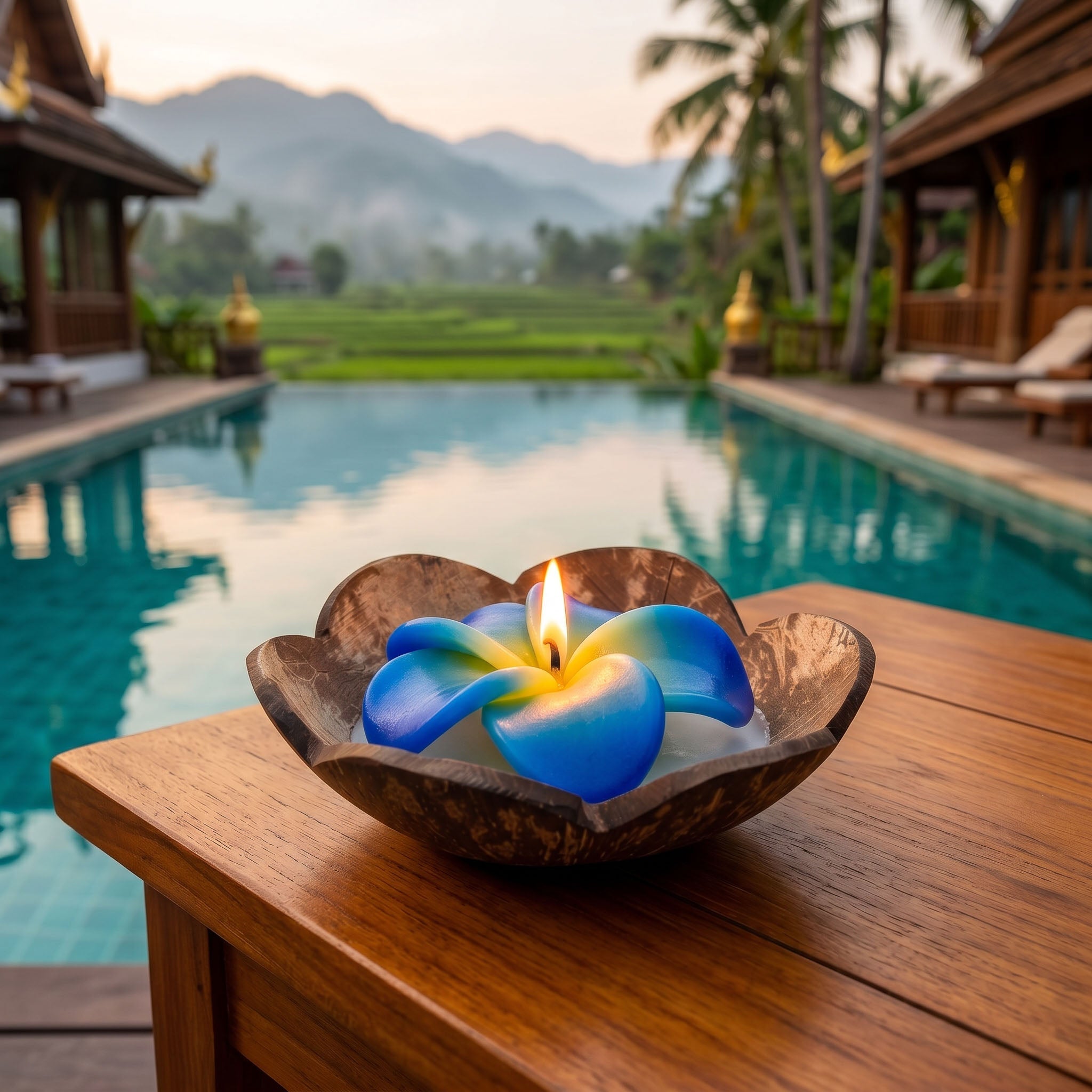 Handcrafted Lalanna Coconut Frangipani Scented Flower Candle Blue from Chiang Rai Thailand - Lalanna Design