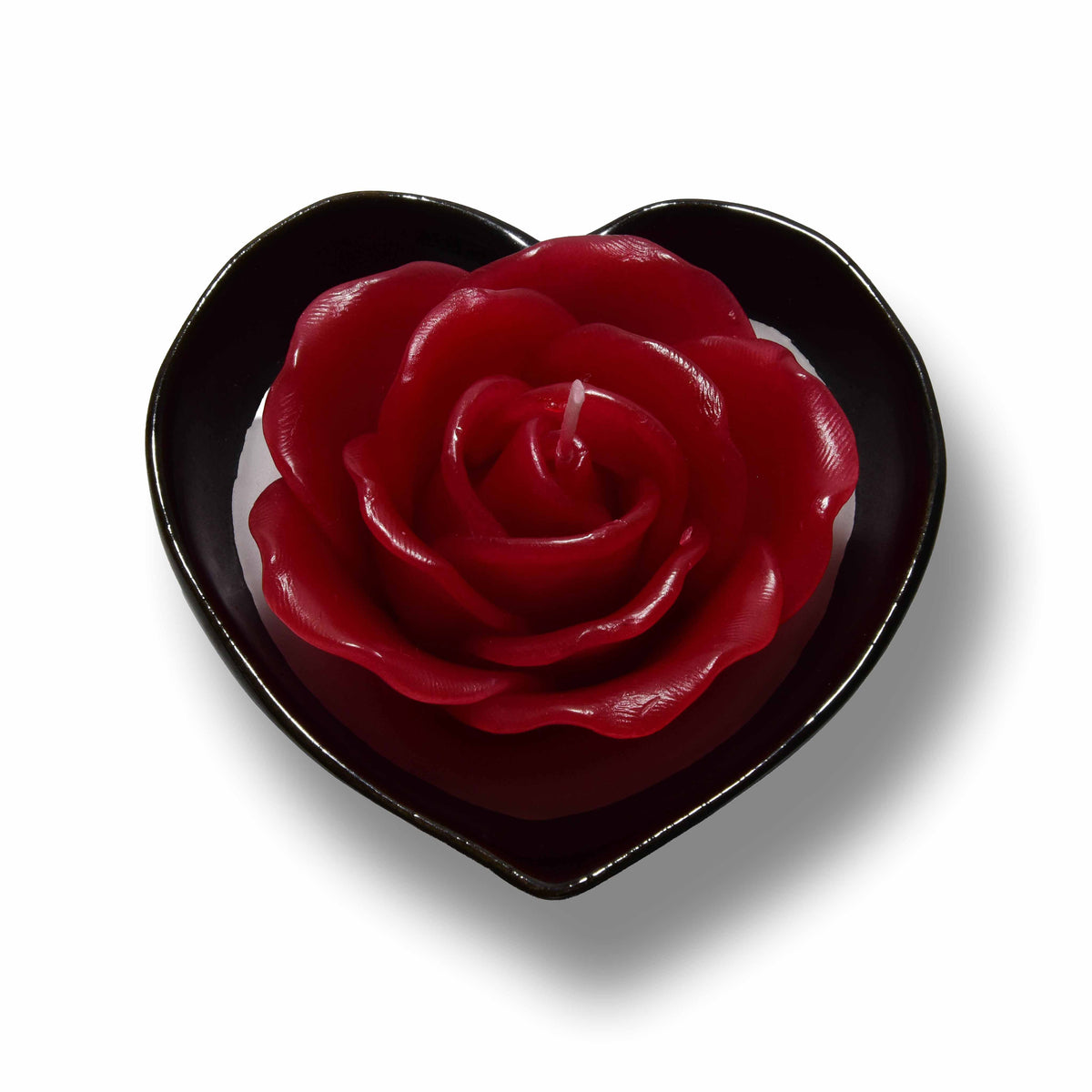 Handcrafted Lalanna Red Rose Heart Candle - Romantic Flower Shaped Candle in Black Ceramic Heart from Chiang Mai Thailand - Lalanna Design