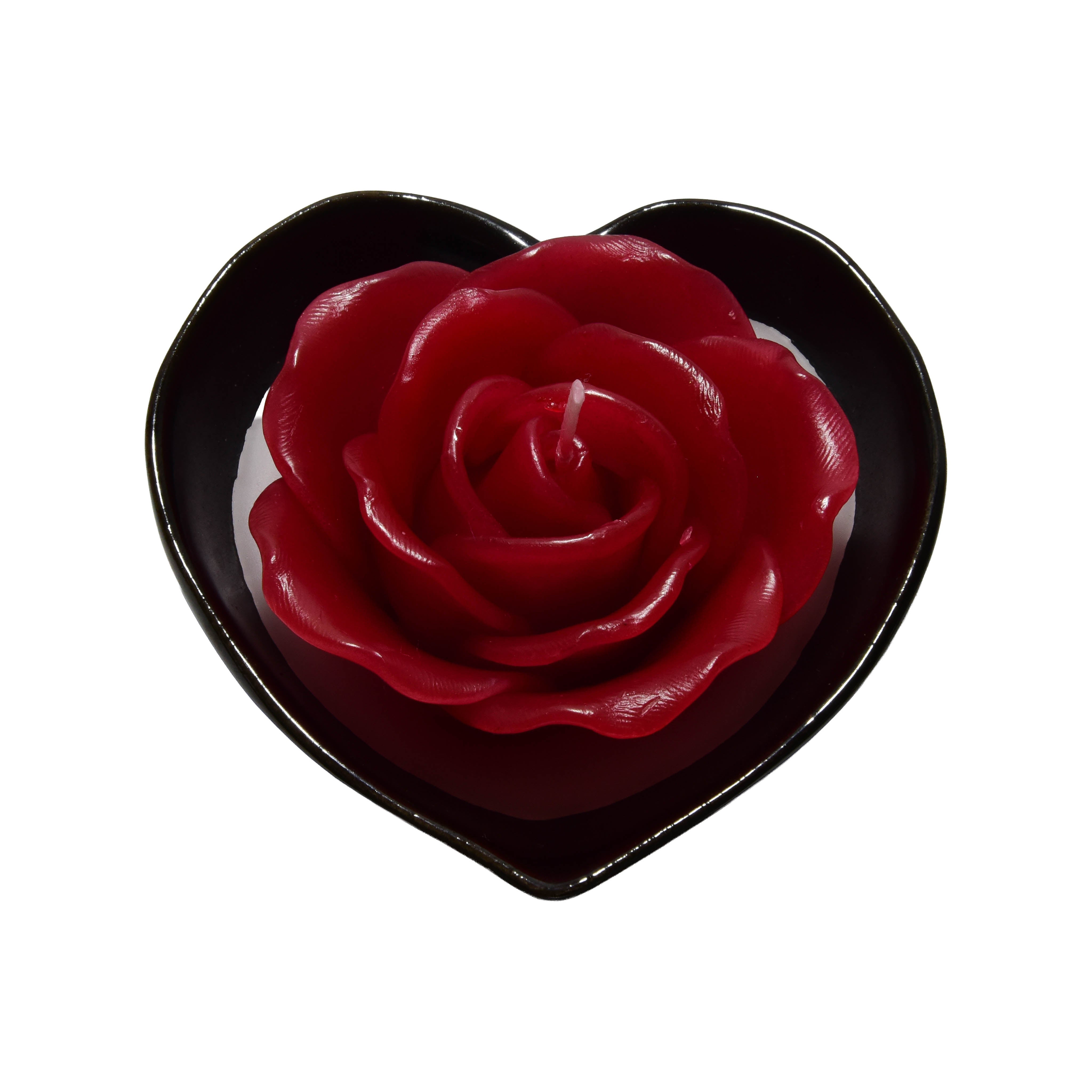 Handcrafted Lalanna Red Rose Heart Candle - Romantic Flower Shaped Candle in Black Ceramic Heart from Chiang Rai Thailand - Lalanna Design