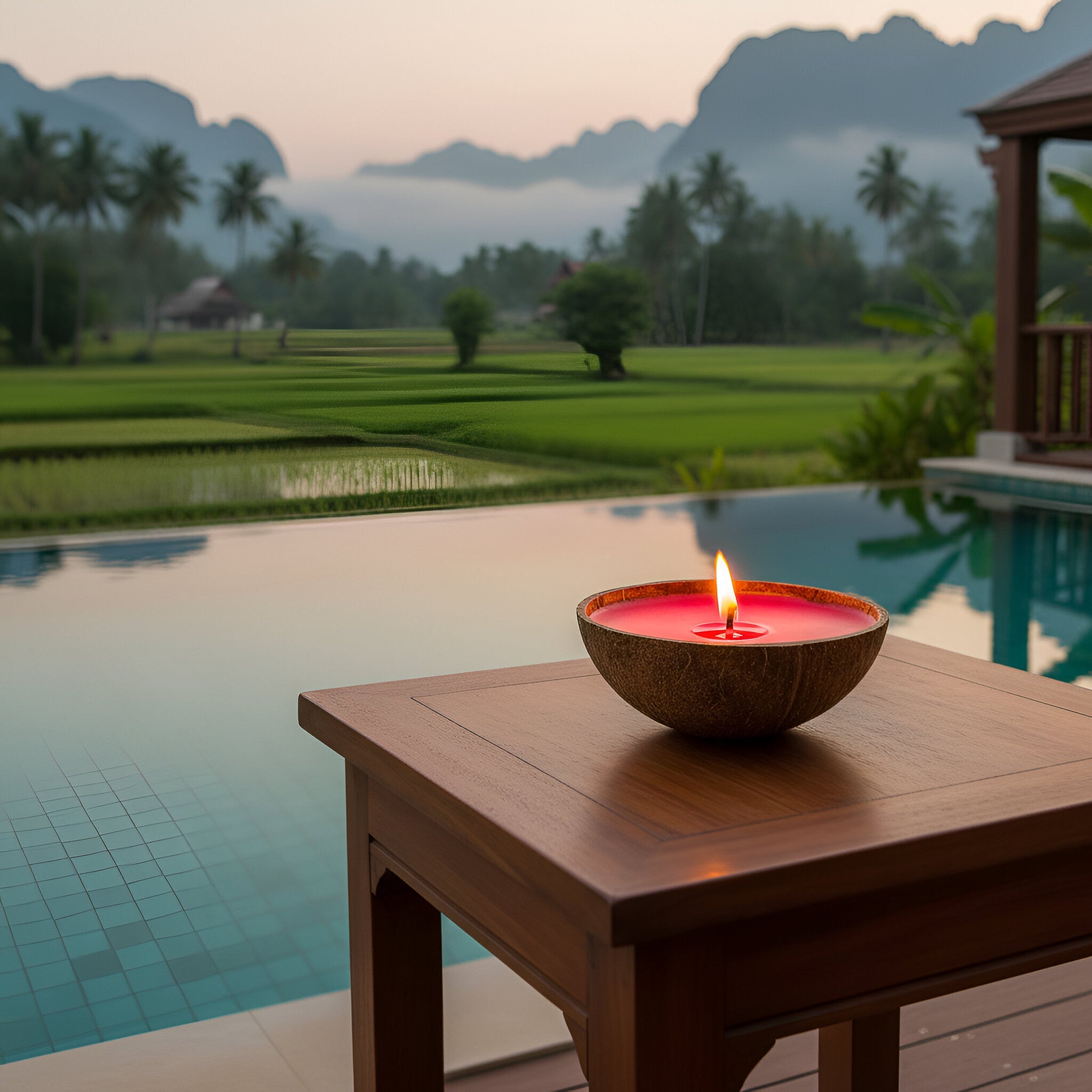 Handcrafted Lalanna Rose Scented Candle in Coconut Shell from Chiang Rai Thailand - Lalanna Design