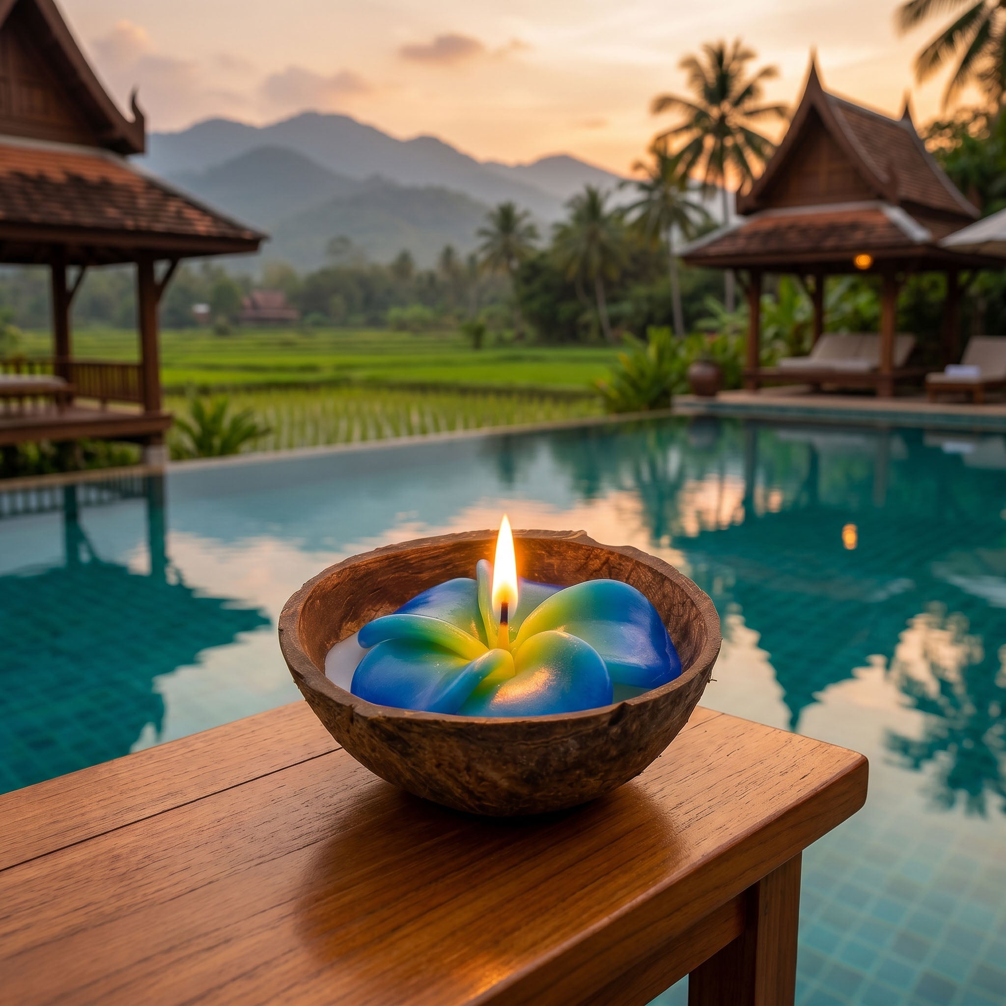 Handcrafted Lalanna Small Coconut Frangipani-Scented Flower Candle Blue from Chiang Rai Thailand - Lalanna Design