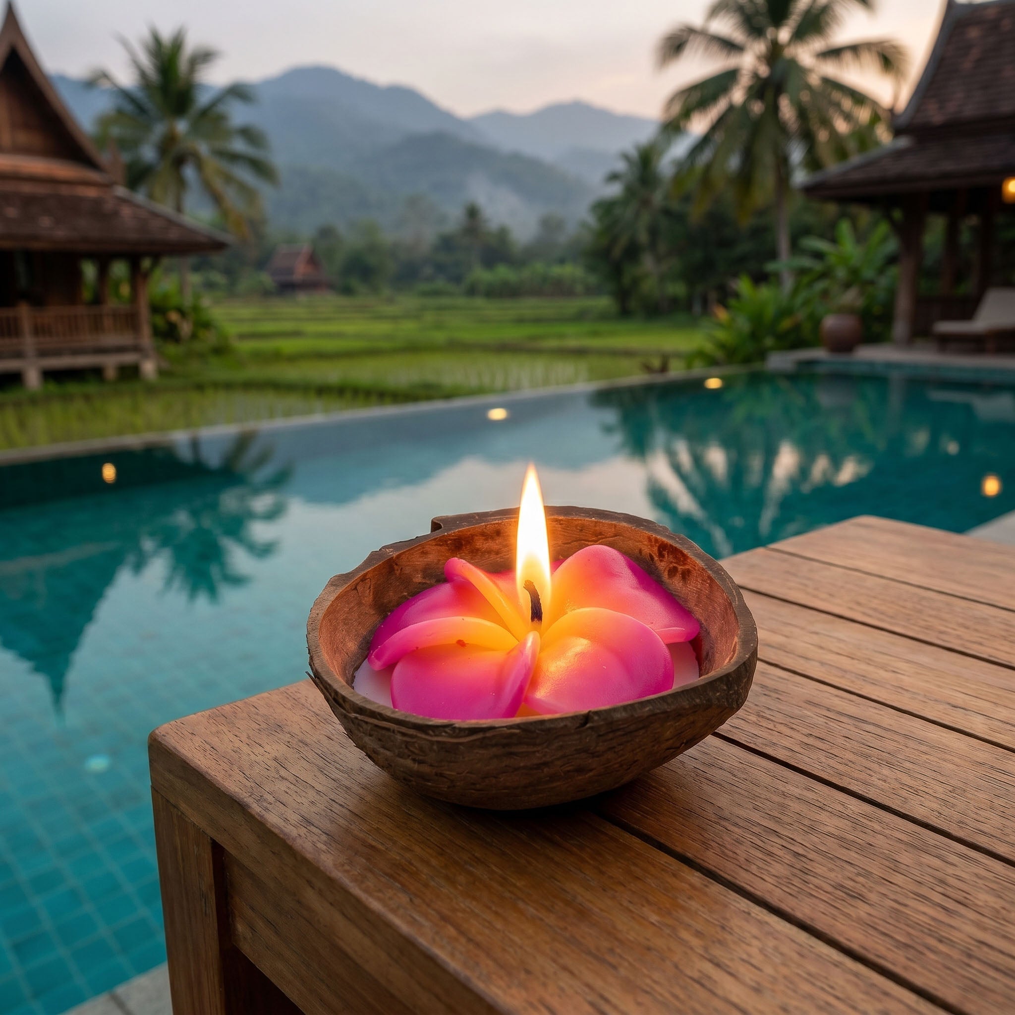 Handcrafted Lalanna Small Coconut Frangipani-Scented Flower Candle Red from Chiang Rai Thailand - Lalanna Design