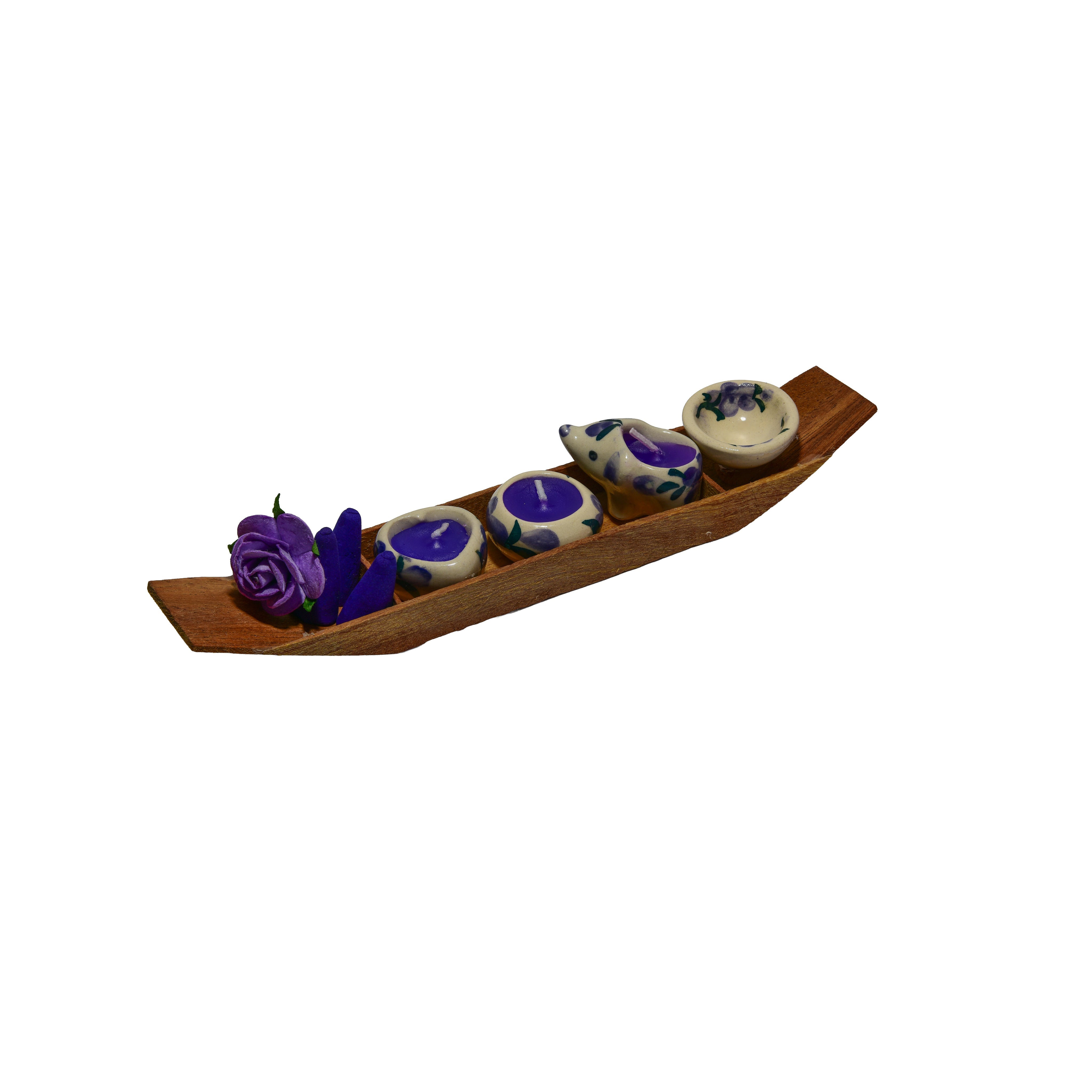 Handcrafted Lalanna Wooden Boat Lavender Incense and Candle Holder from Chiang Rai Thailand - Lalanna Design