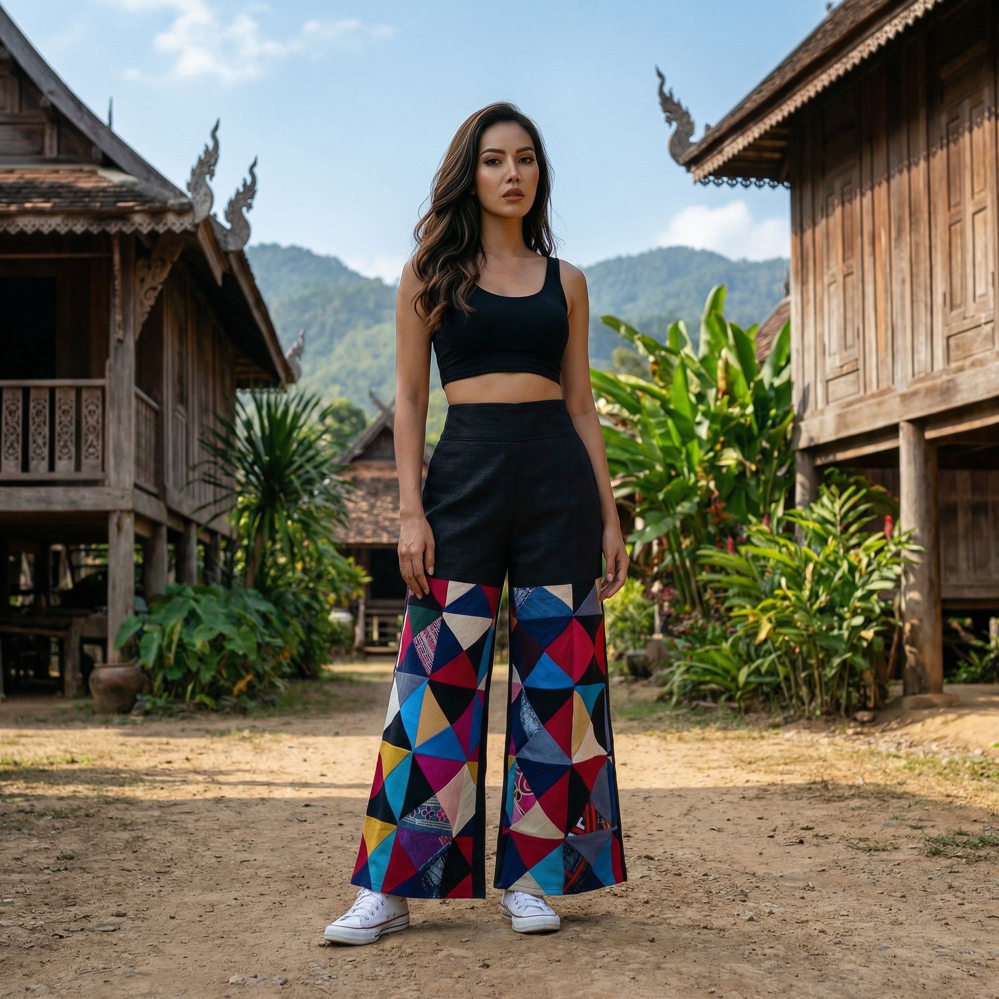 Handcrafted Lanna Hemp Wide-Leg Trousers - Vibrant Boho from Chiang Rai Thailand - Lalanna Design