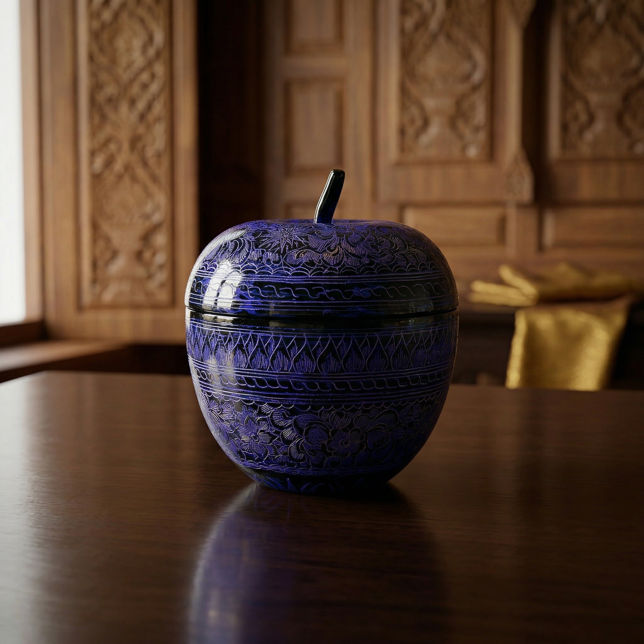 Handcrafted Lanna Lacquerware Blue Apple Shaped Box – Thai Handcrafted Decor from Chiang Mai Thailand - Lalanna Design