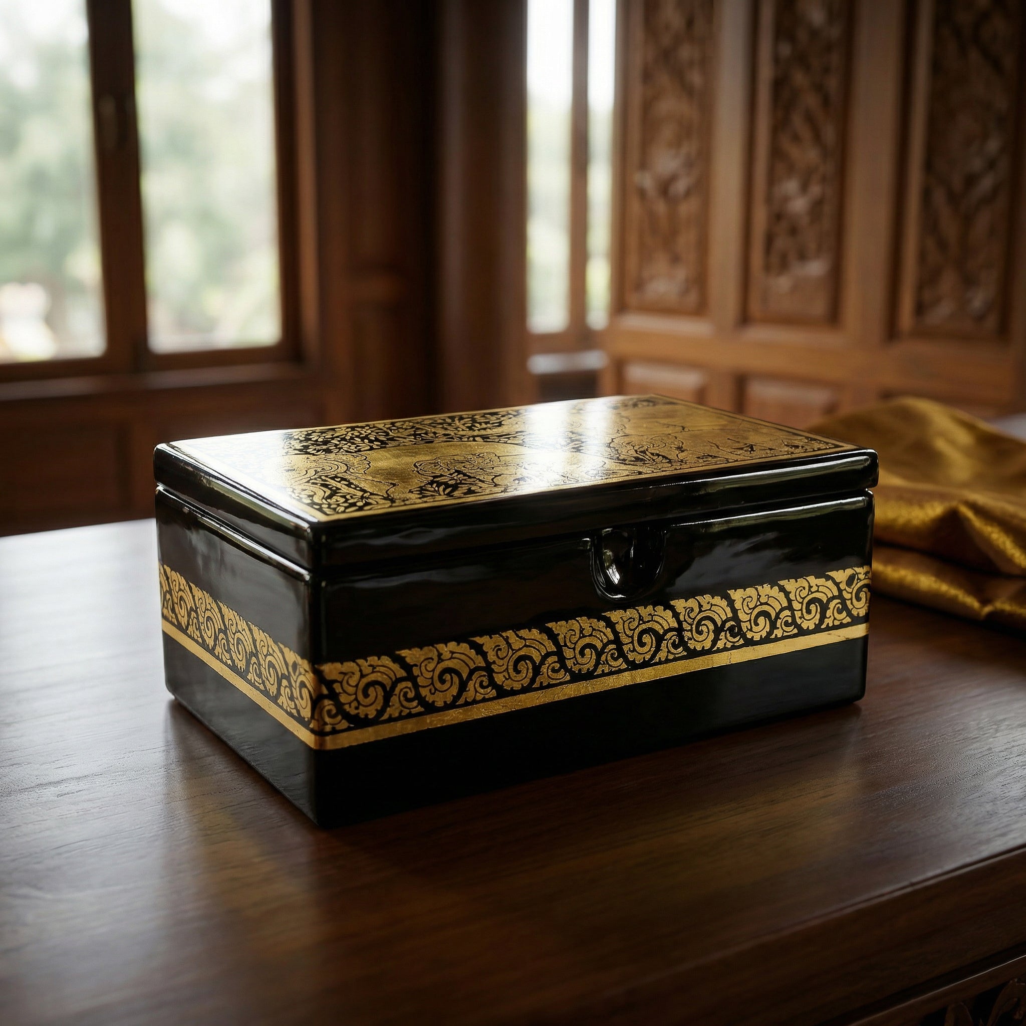 Handcrafted Lanna Lacquerware Elephants Motif Box from Chiang Mai Thailand - Lalanna Design