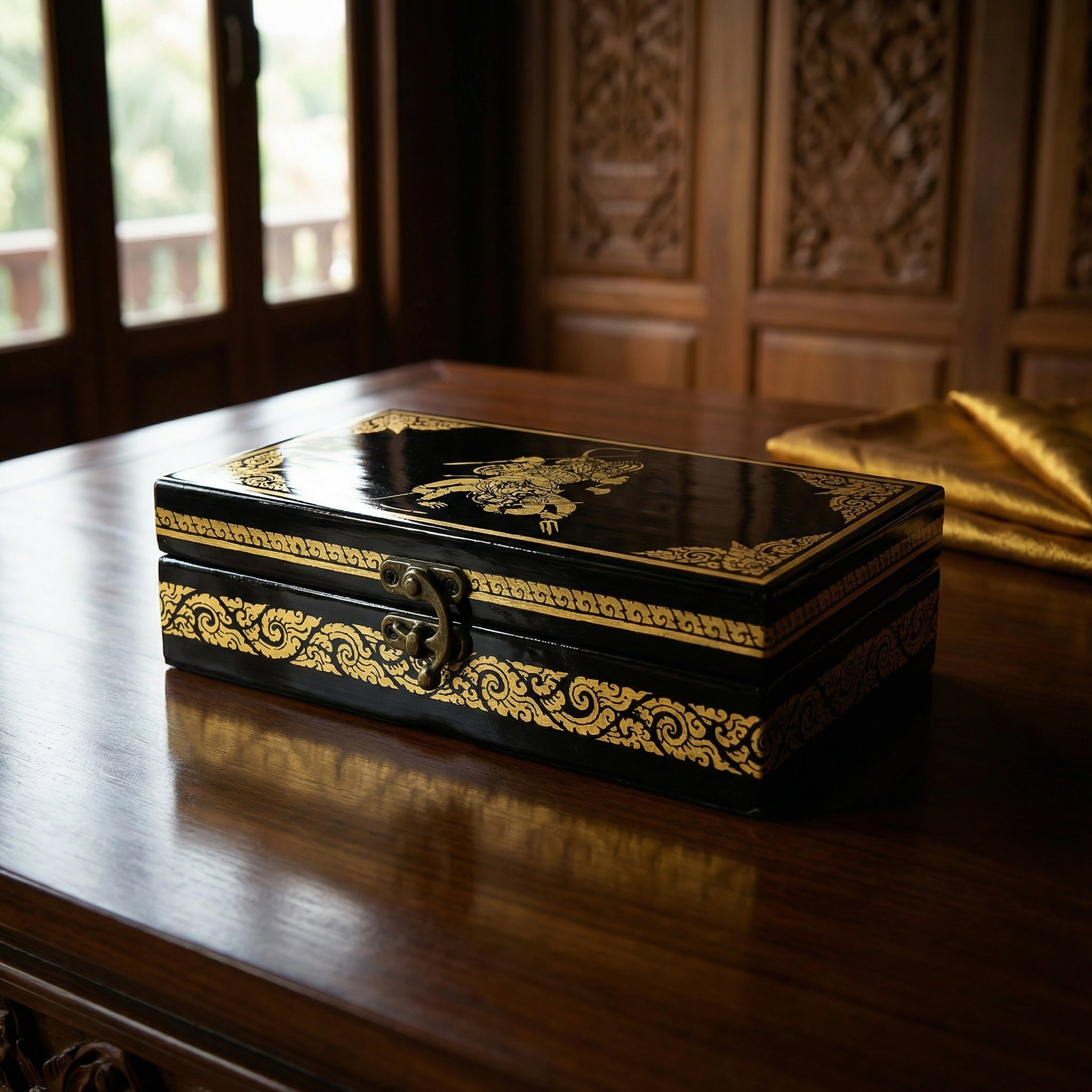 Handcrafted Lanna Lacquerware Garuda Battling Naga Box from Chiang Mai Thailand - Lalanna Design