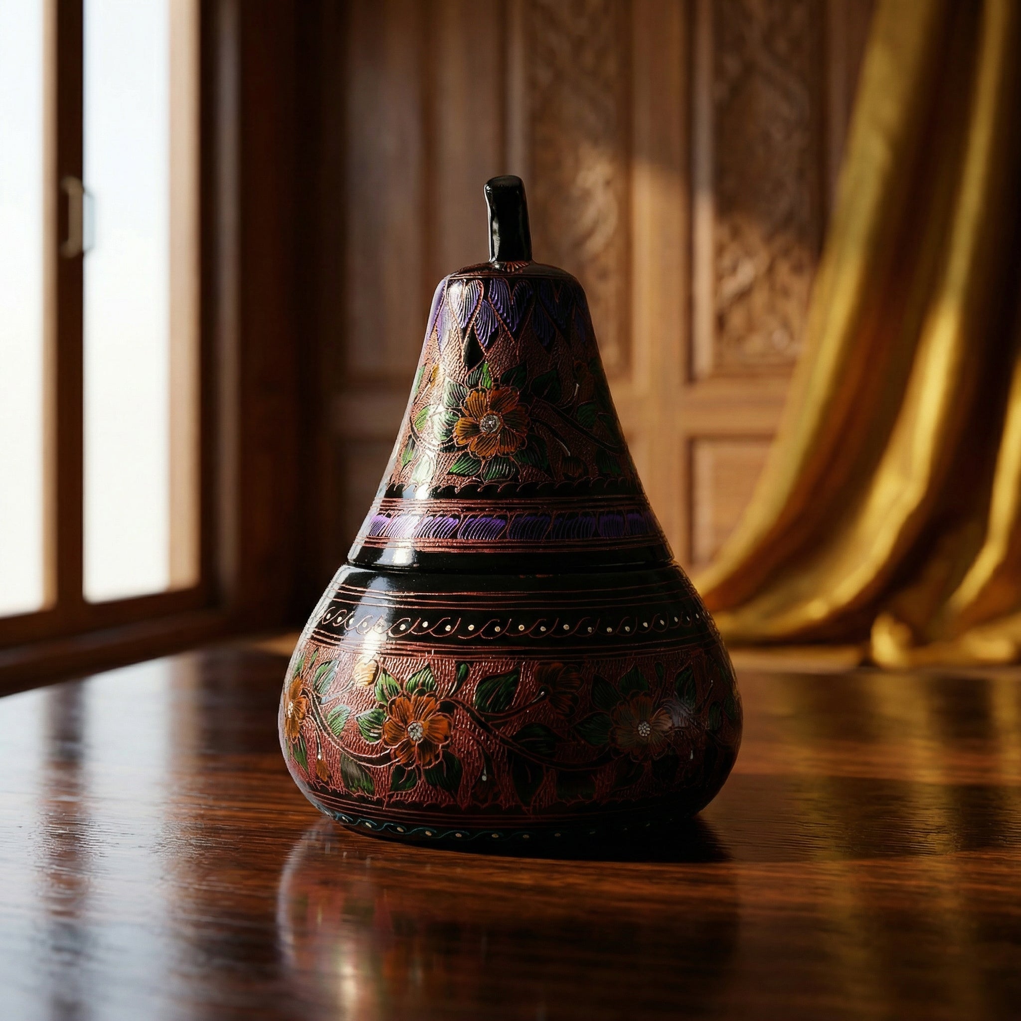 Handcrafted Lanna Lacquerware Orange Floral Pear Decorative Box from Chiang Mai Thailand - Lalanna Design
