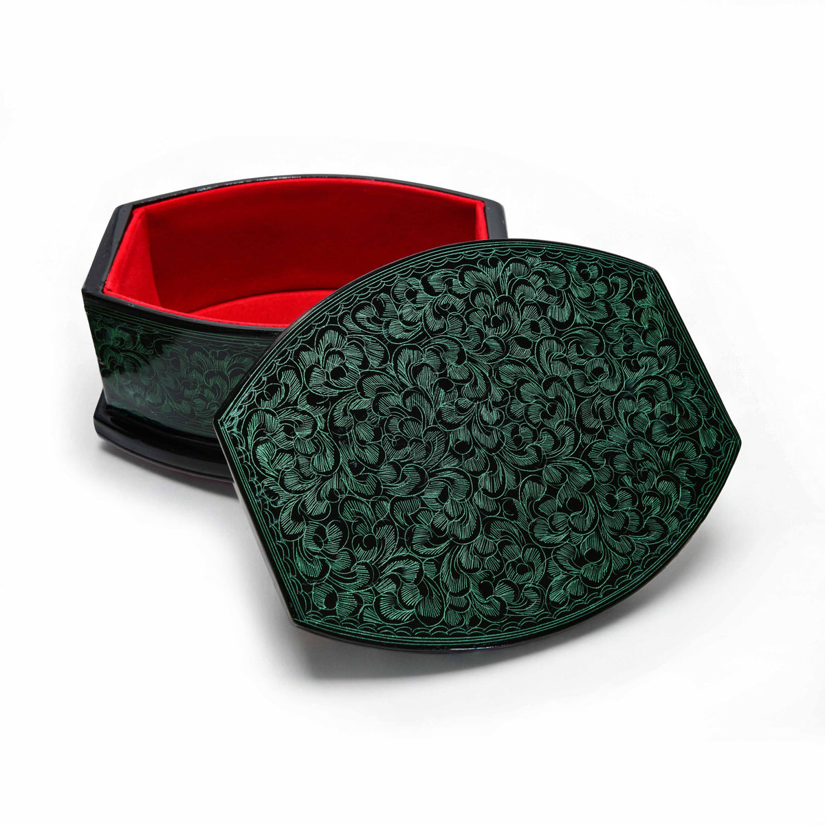 Handcrafted Lanna Lacquerware Rounded Hexagonal Green Decorative Box from Chiang Mai Thailand - Lalanna Design