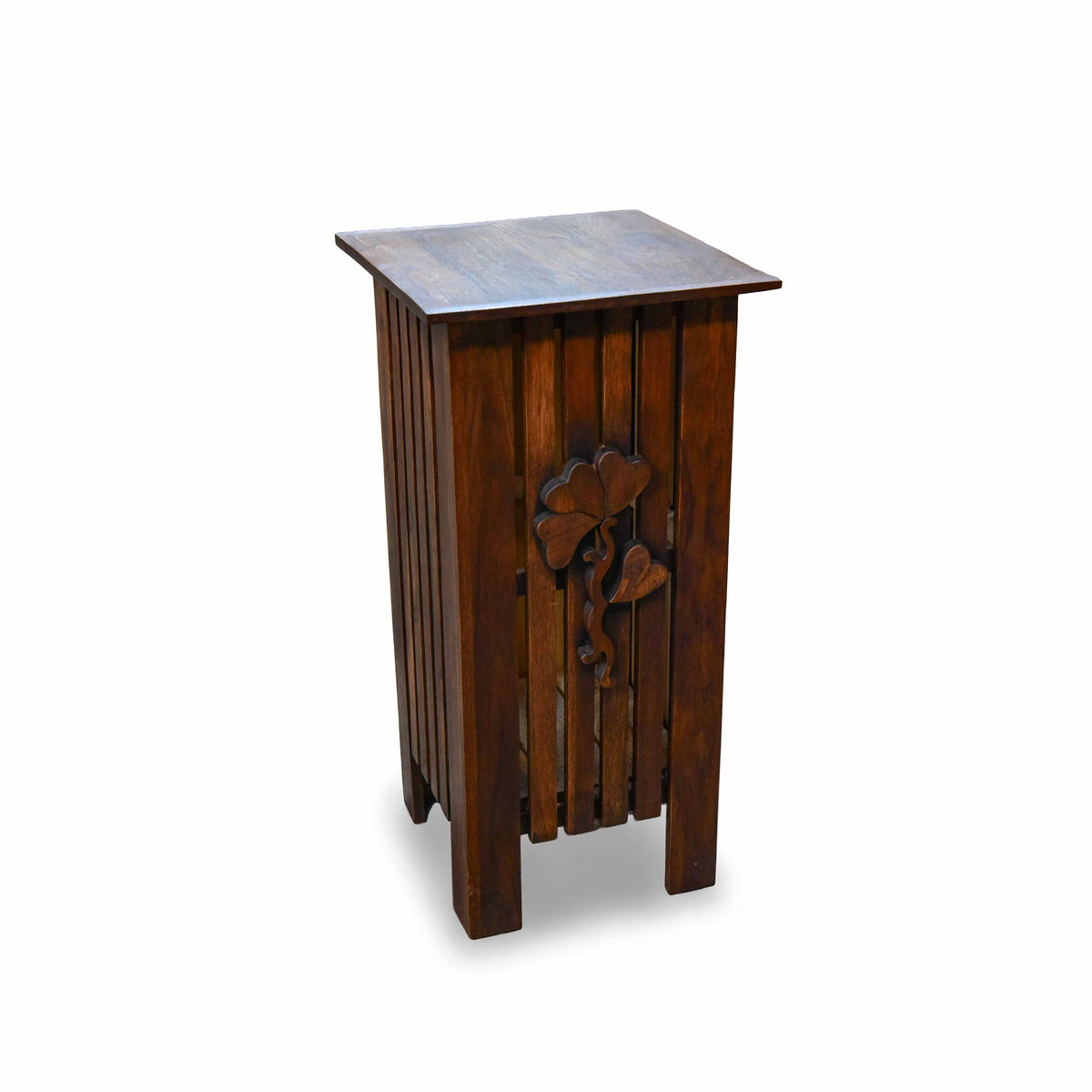 Handcrafted Lanna Style Tall Teak Side Table with Hand-Carved Leaf Motif from Chiang Mai Thailand - Lalanna Design