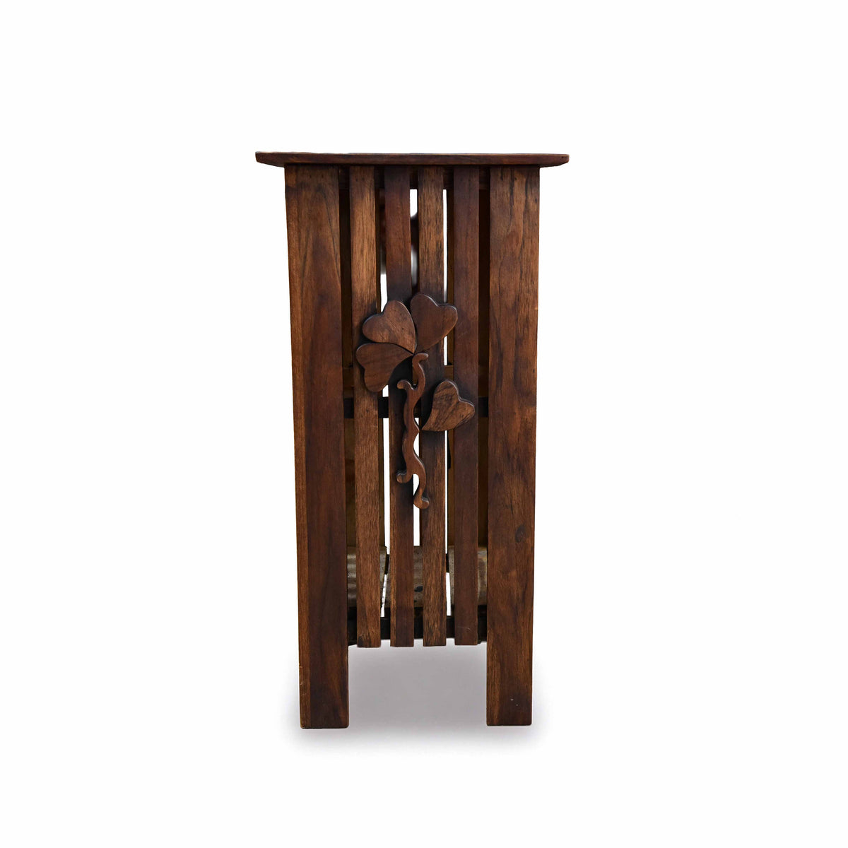 Handcrafted Lanna Style Tall Teak Side Table with Hand-Carved Leaf Motif from Chiang Mai Thailand - Lalanna Design