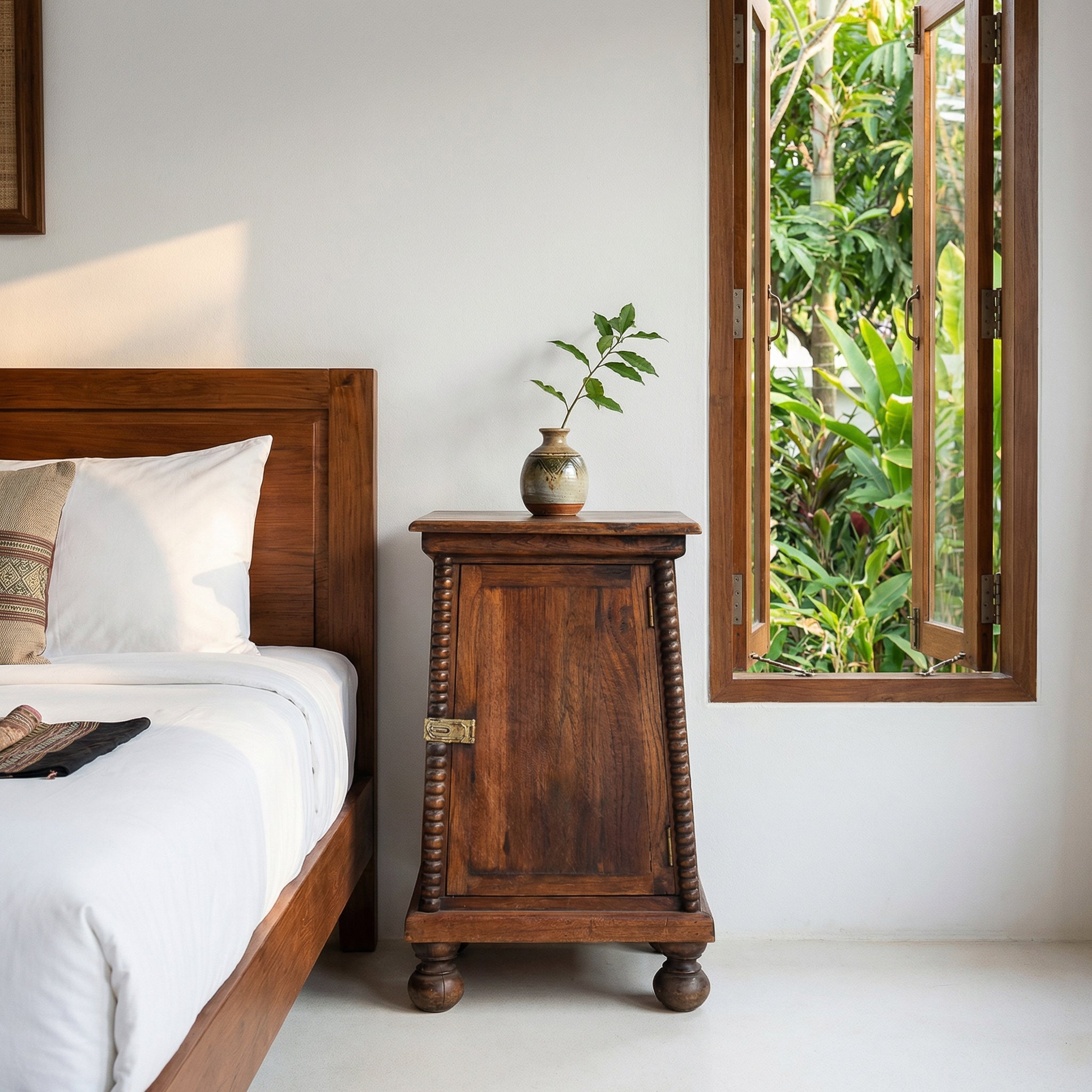 Handcrafted Lanna Style Teak Bedside Cabinet with Turned Columns and Brass Latch from Chiang Rai Thailand - Lalanna Design