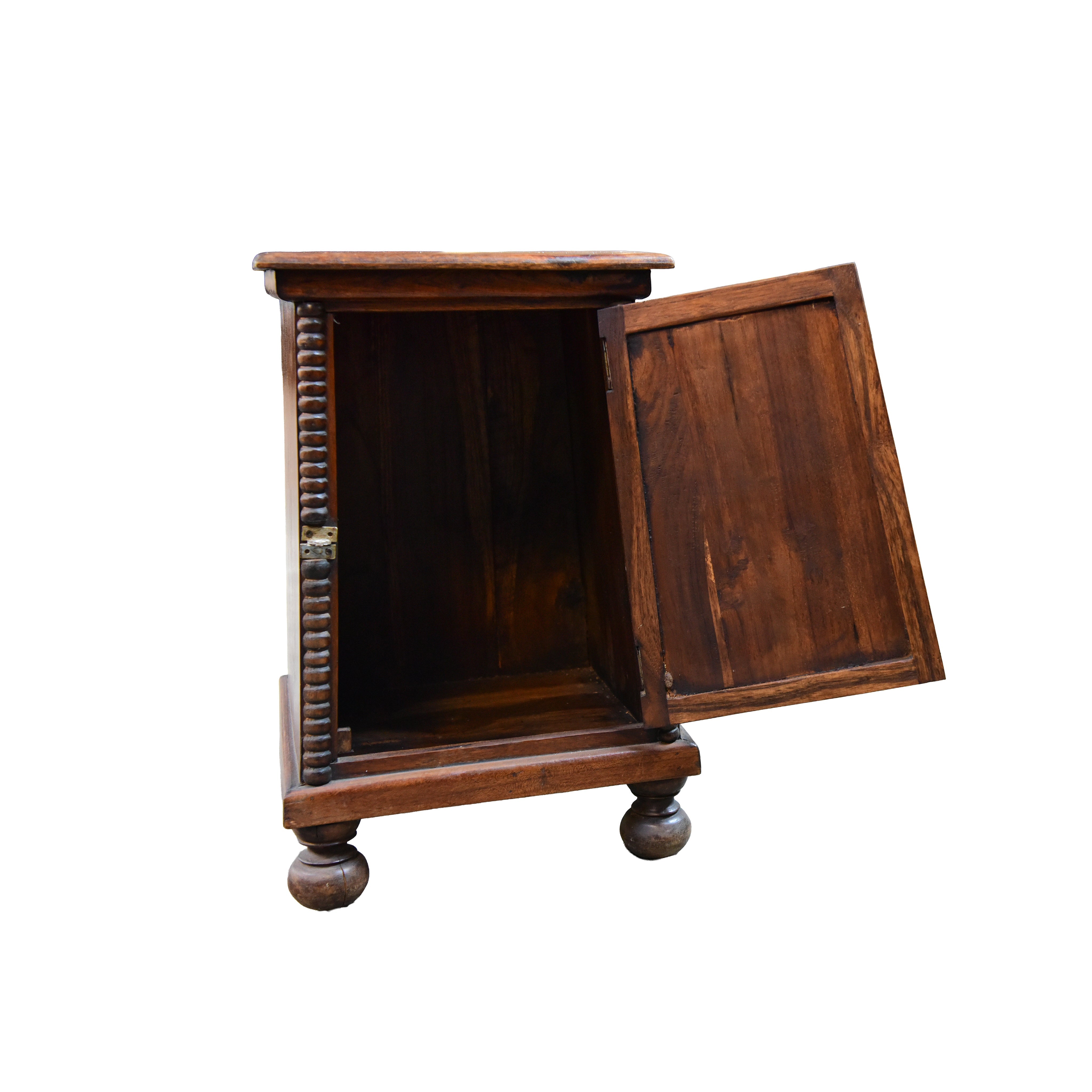 Handcrafted Lanna Style Teak Bedside Cabinet with Turned Columns and Brass Latch from Chiang Mai Thailand - Lalanna Design