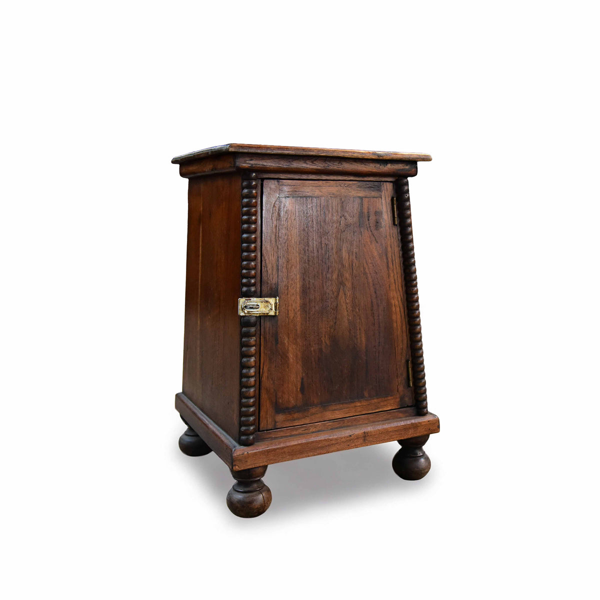 Handcrafted Lanna Style Teak Bedside Cabinet with Turned Columns and Brass Latch from Chiang Mai Thailand - Lalanna Design
