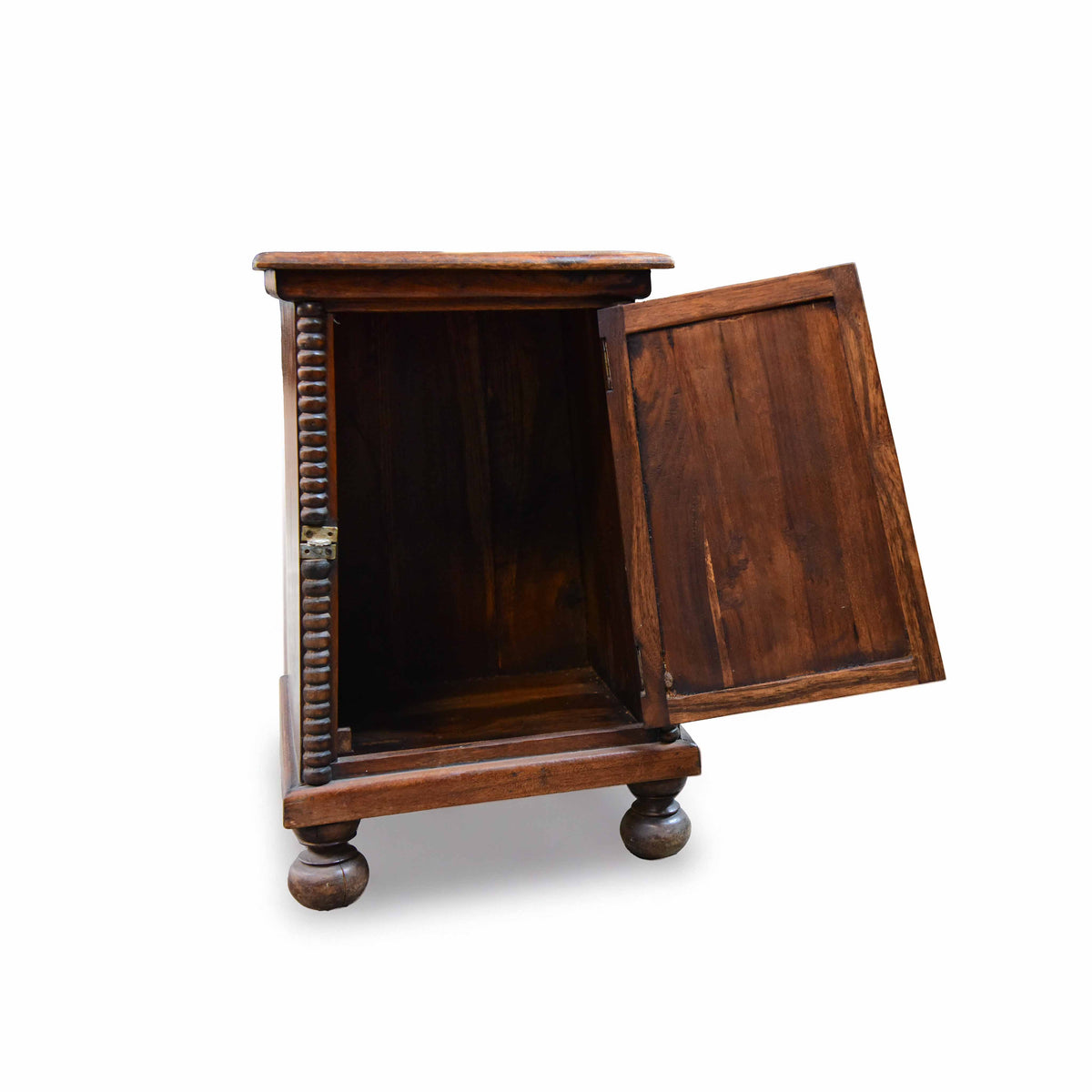 Handcrafted Lanna Style Teak Bedside Cabinet with Turned Columns and Brass Latch from Chiang Mai Thailand - Lalanna Design