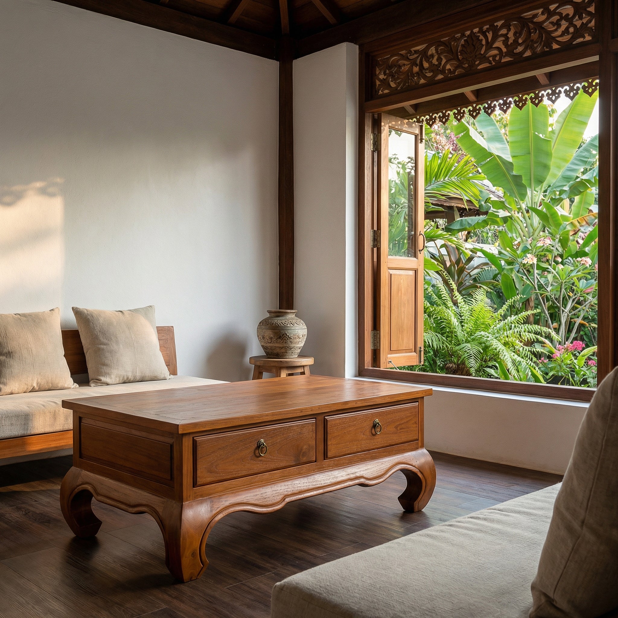Handcrafted Lanna Style Teak Coffee Table with 2 Drawers and Brass Pulls from Chiang Rai Thailand - Lalanna Design