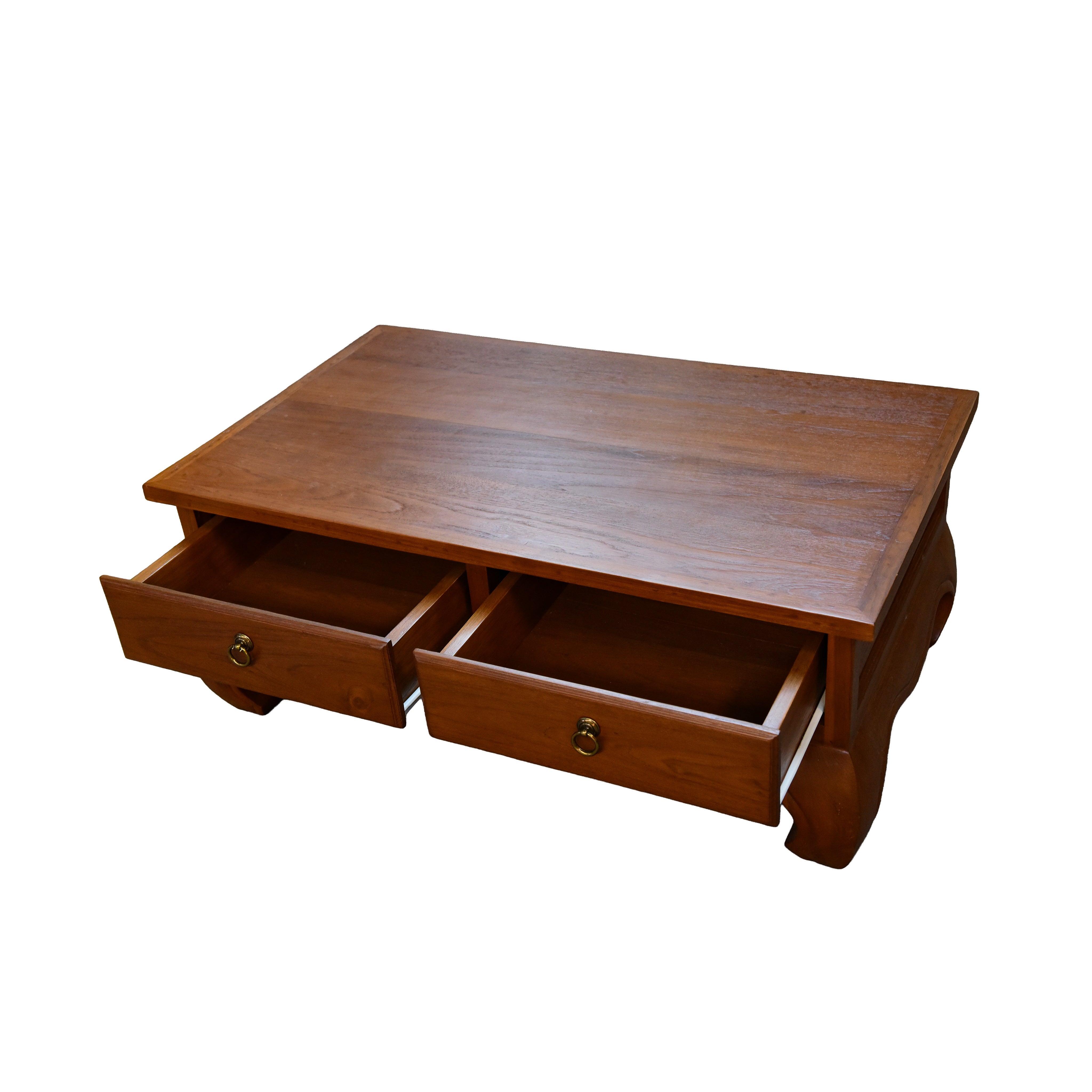 Handcrafted Lanna Style Teak Coffee Table with 2 Drawers and Brass Pulls from Chiang Mai Thailand - Lalanna Design