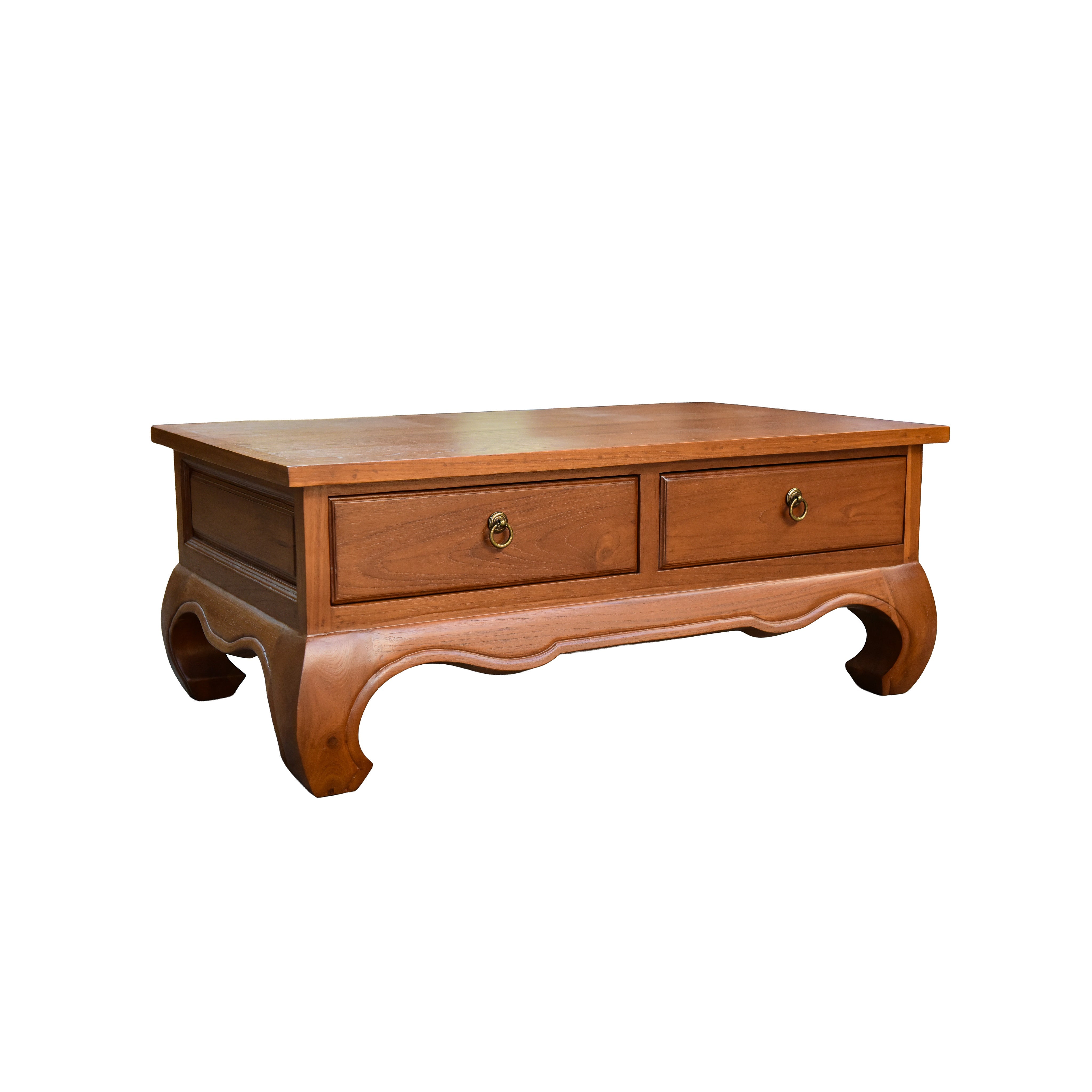 Handcrafted Lanna Style Teak Coffee Table with 2 Drawers and Brass Pulls from Chiang Mai Thailand - Lalanna Design