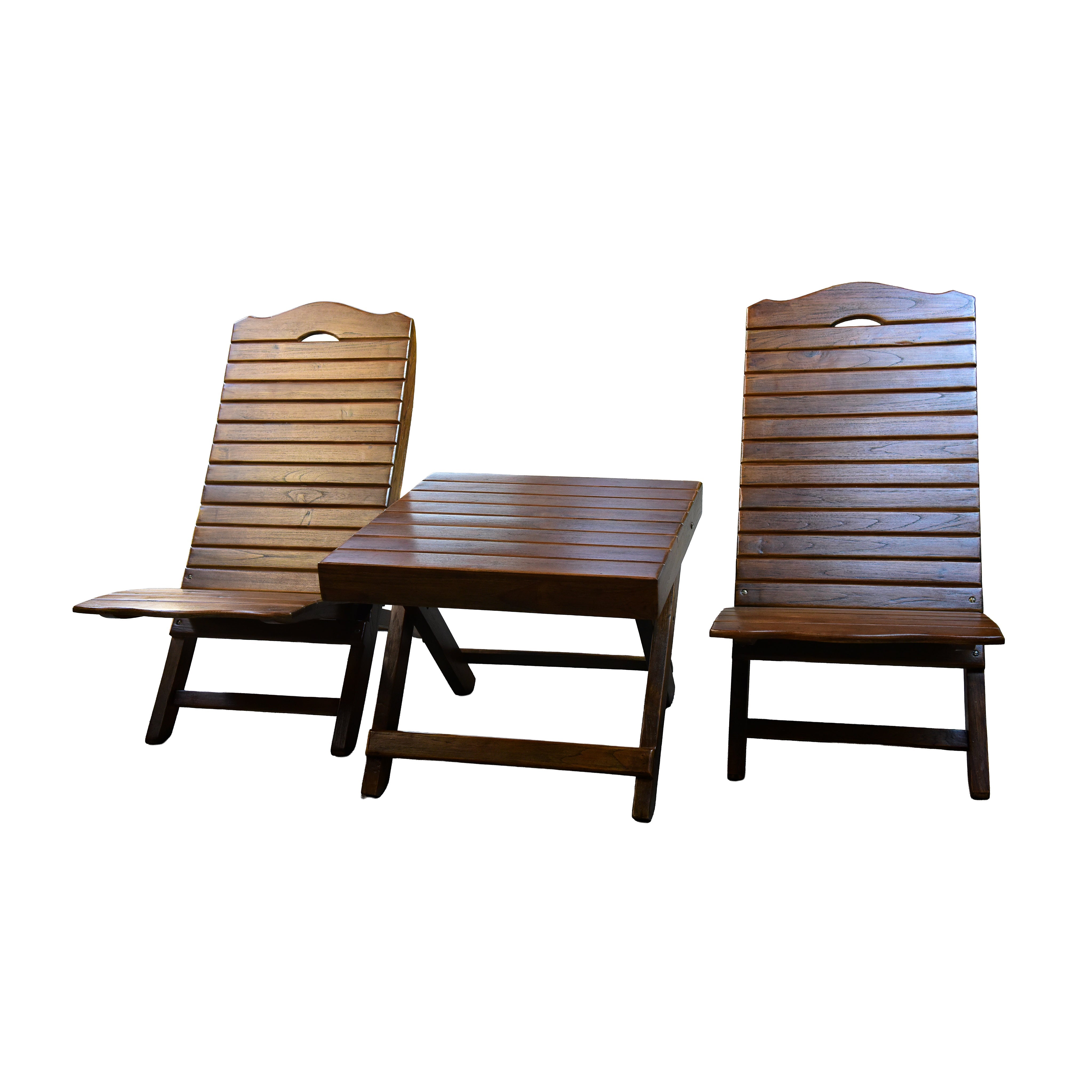 Handcrafted Lanna Style Teak Folding Double Chaise Lounge Set with Side Table from Chiang Mai Thailand - Lalanna Design