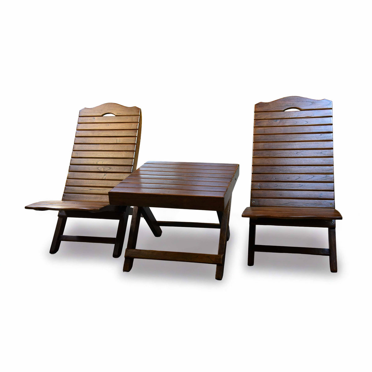 Handcrafted Lanna Style Teak Folding Double Chaise Lounge Set with Side Table from Chiang Mai Thailand - Lalanna Design
