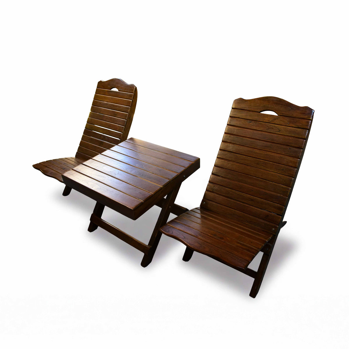 Handcrafted Lanna Style Teak Folding Double Chaise Lounge Set with Side Table from Chiang Mai Thailand - Lalanna Design