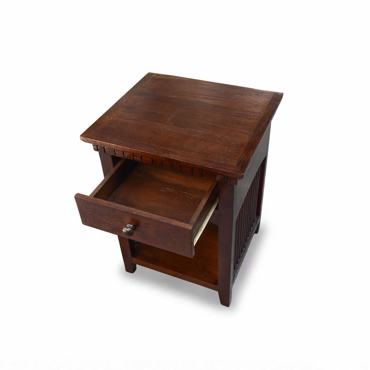 Handcrafted Lanna Style Teak Nightstand with Drawer and Shelf from Chiang Mai Thailand - Lalanna Design