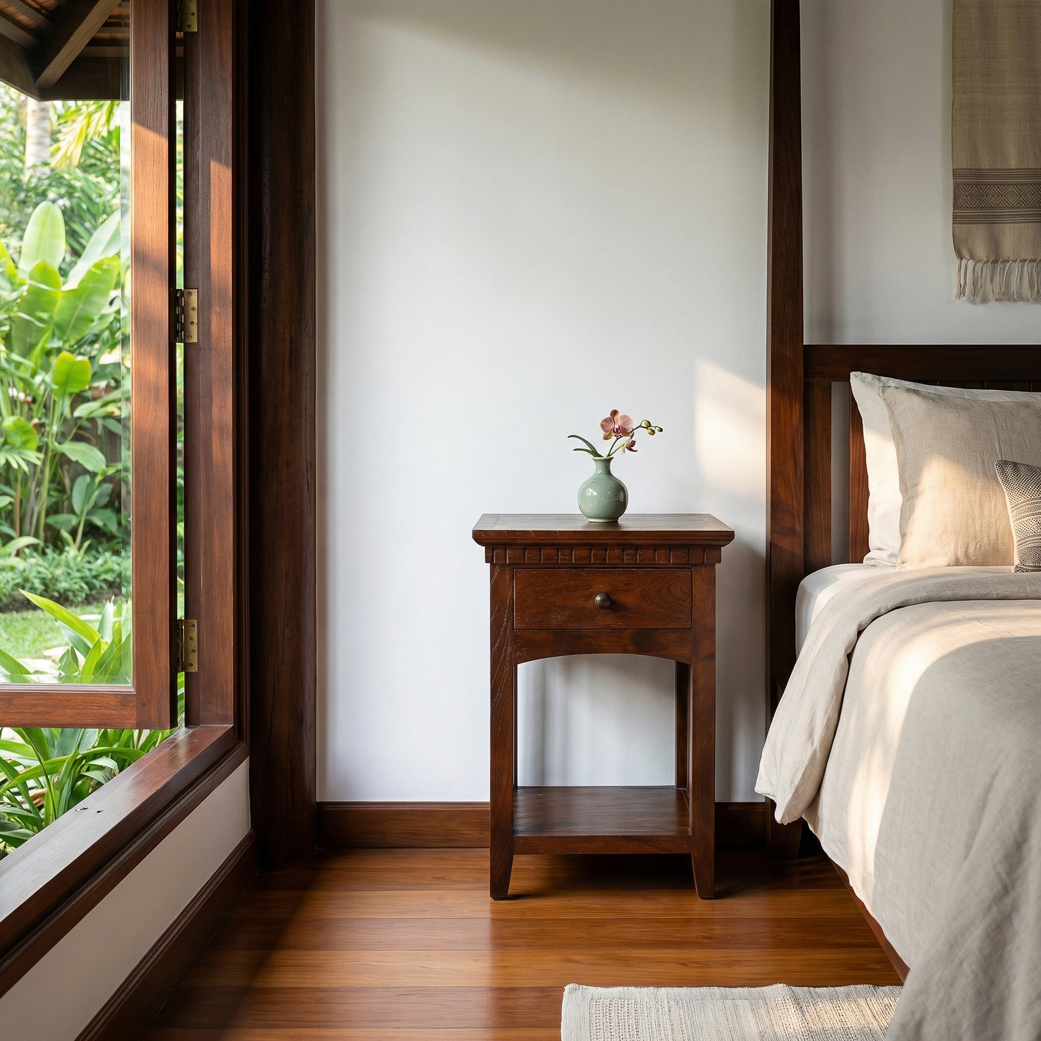 Handcrafted Lanna Style Teak Nightstand with Drawer and Shelf from Chiang Rai Thailand - Lalanna Design