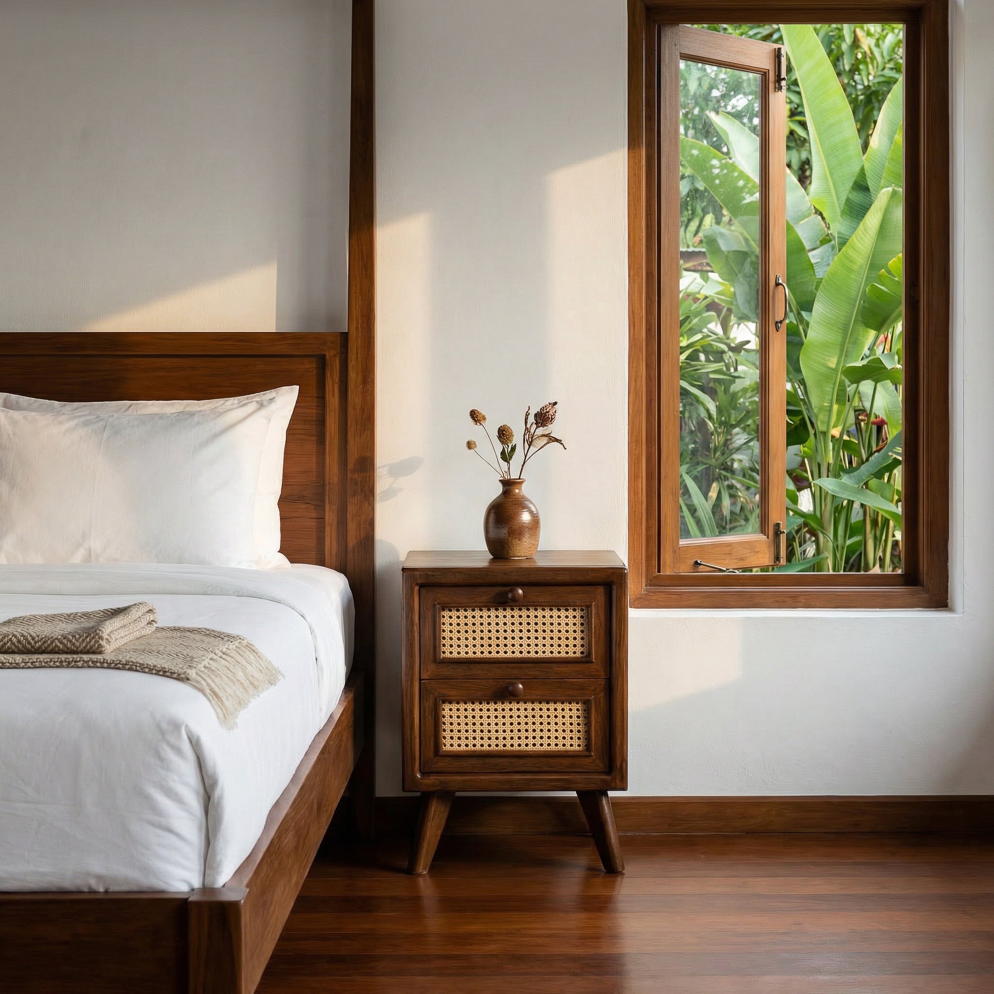 Handcrafted Lanna Style Teak Nightstand with Rattan Cane Drawers from Chiang Rai Thailand - Lalanna Design