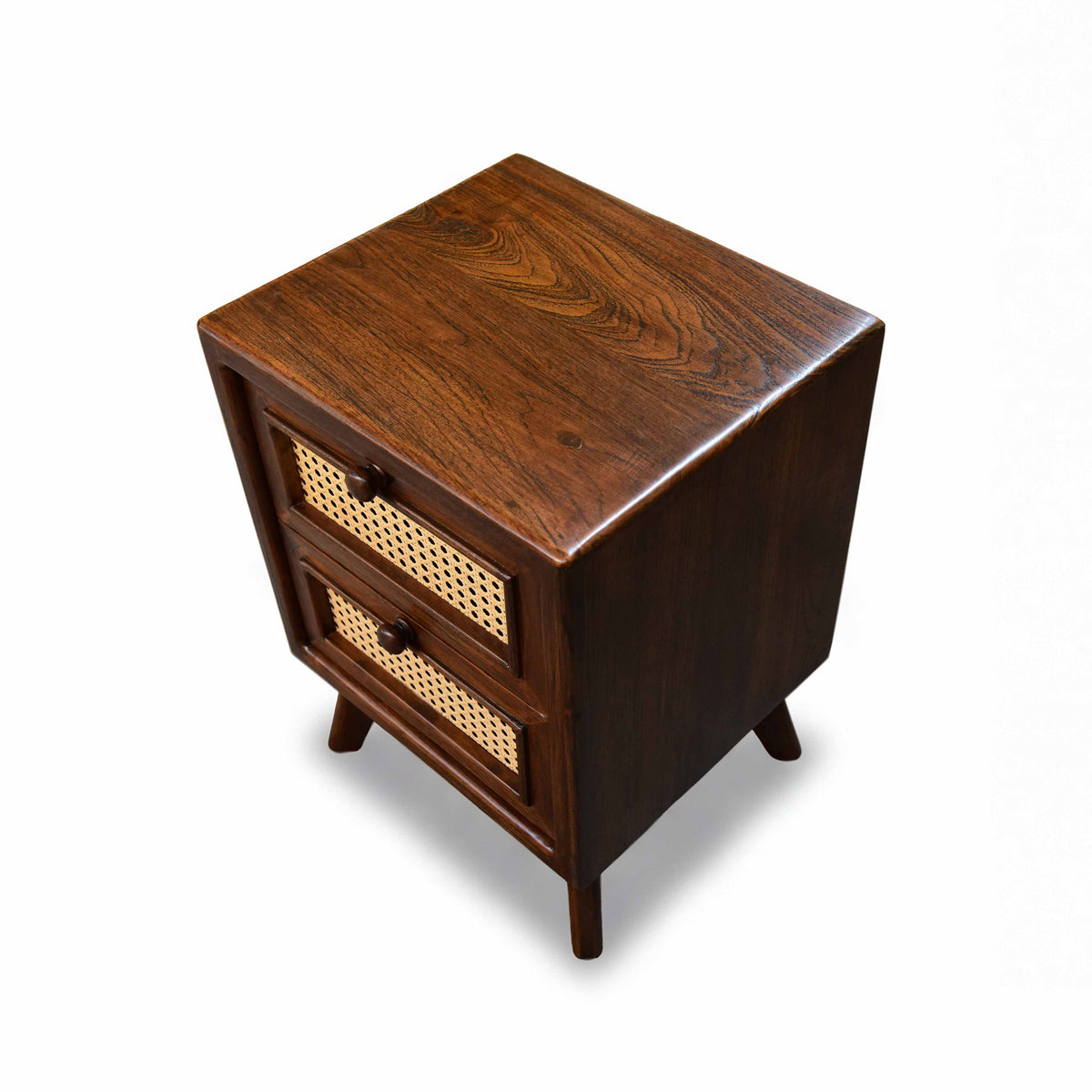 Handcrafted Lanna Style Teak Nightstand with Rattan Cane Drawers from Chiang Mai Thailand - Lalanna Design