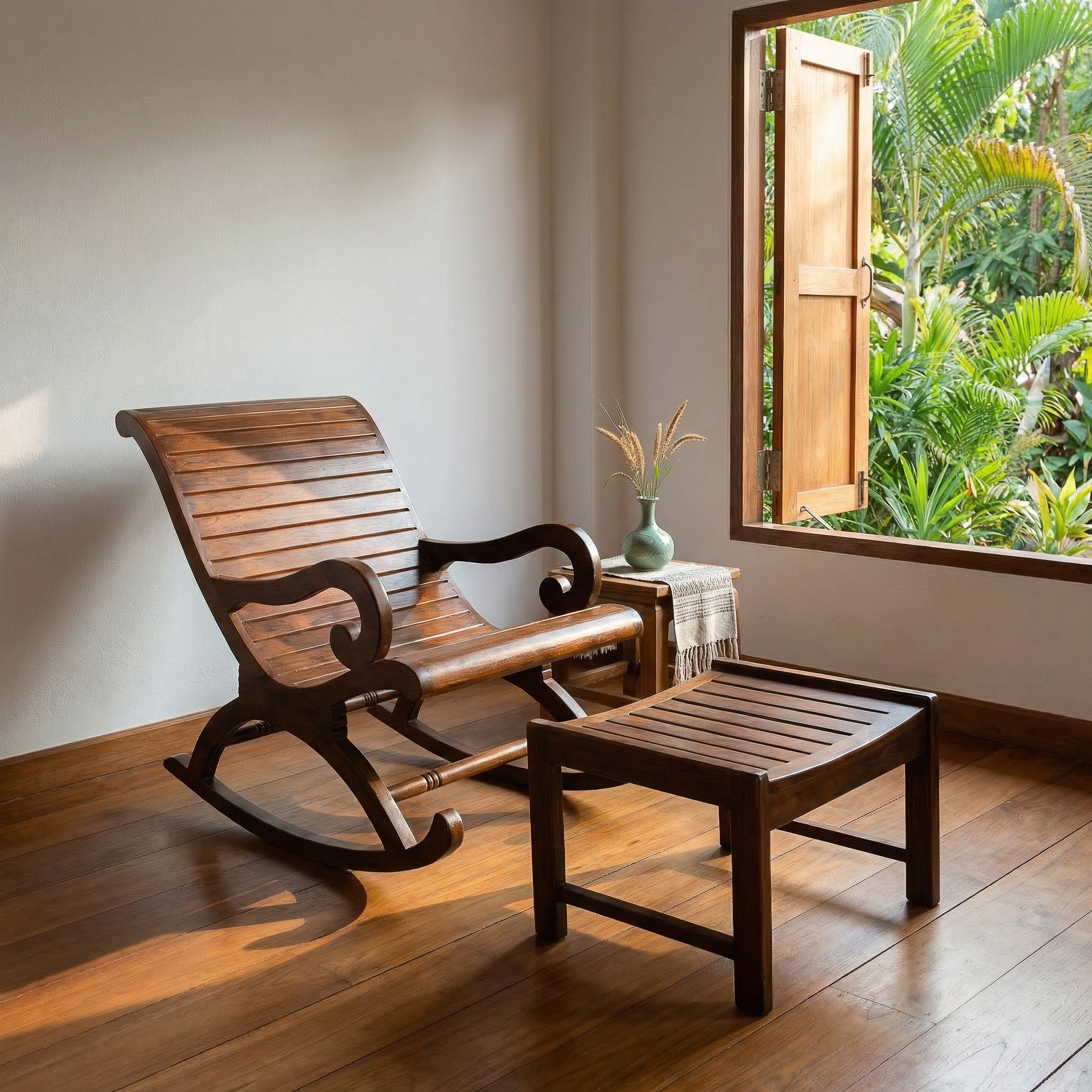 Handcrafted Lanna Style Teak Rocking Chaise Lounge with Ottoman from Chiang Rai Thailand - Lalanna Design