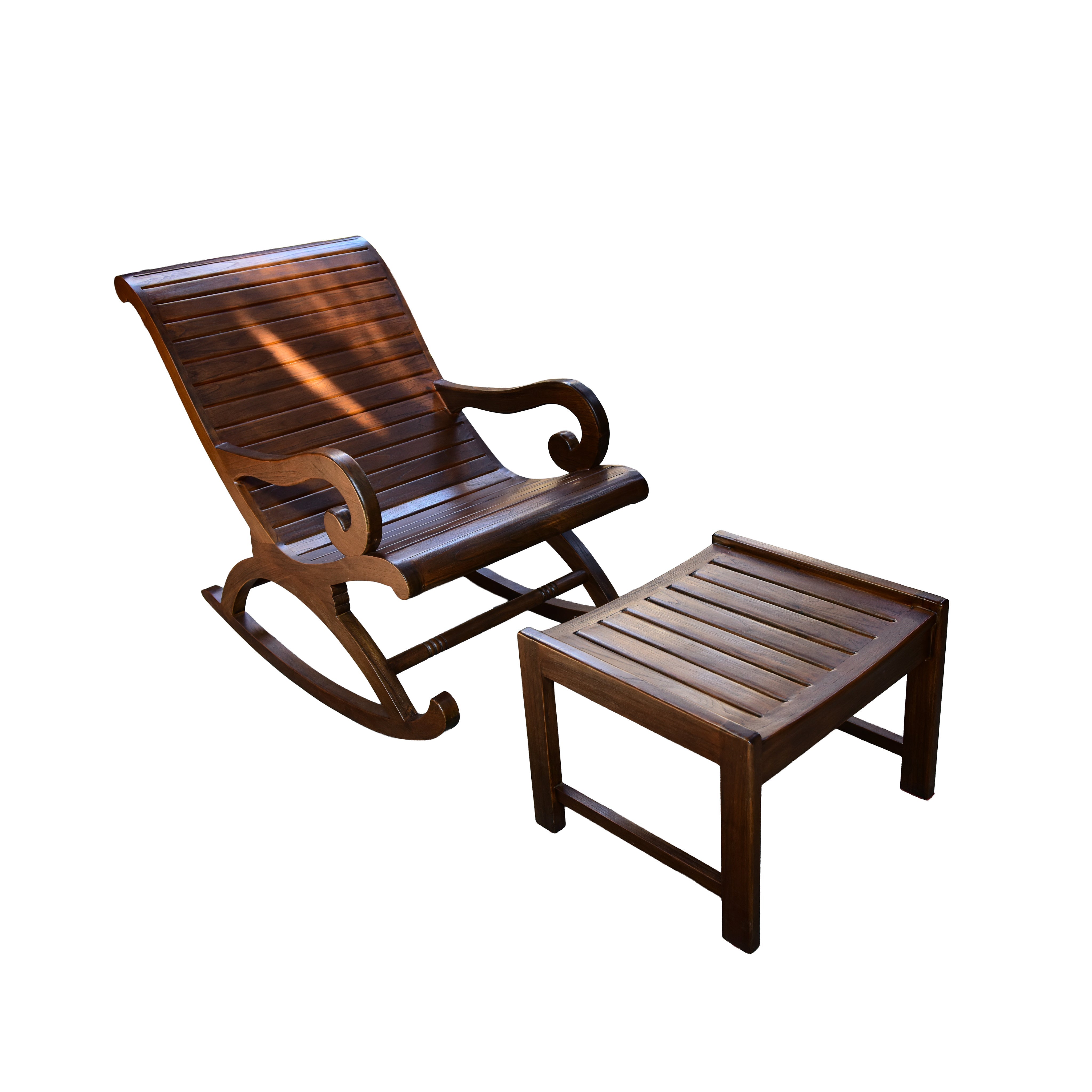 Handcrafted Lanna Style Teak Rocking Chaise Lounge with Ottoman from Chiang Rai Thailand - Lalanna Design