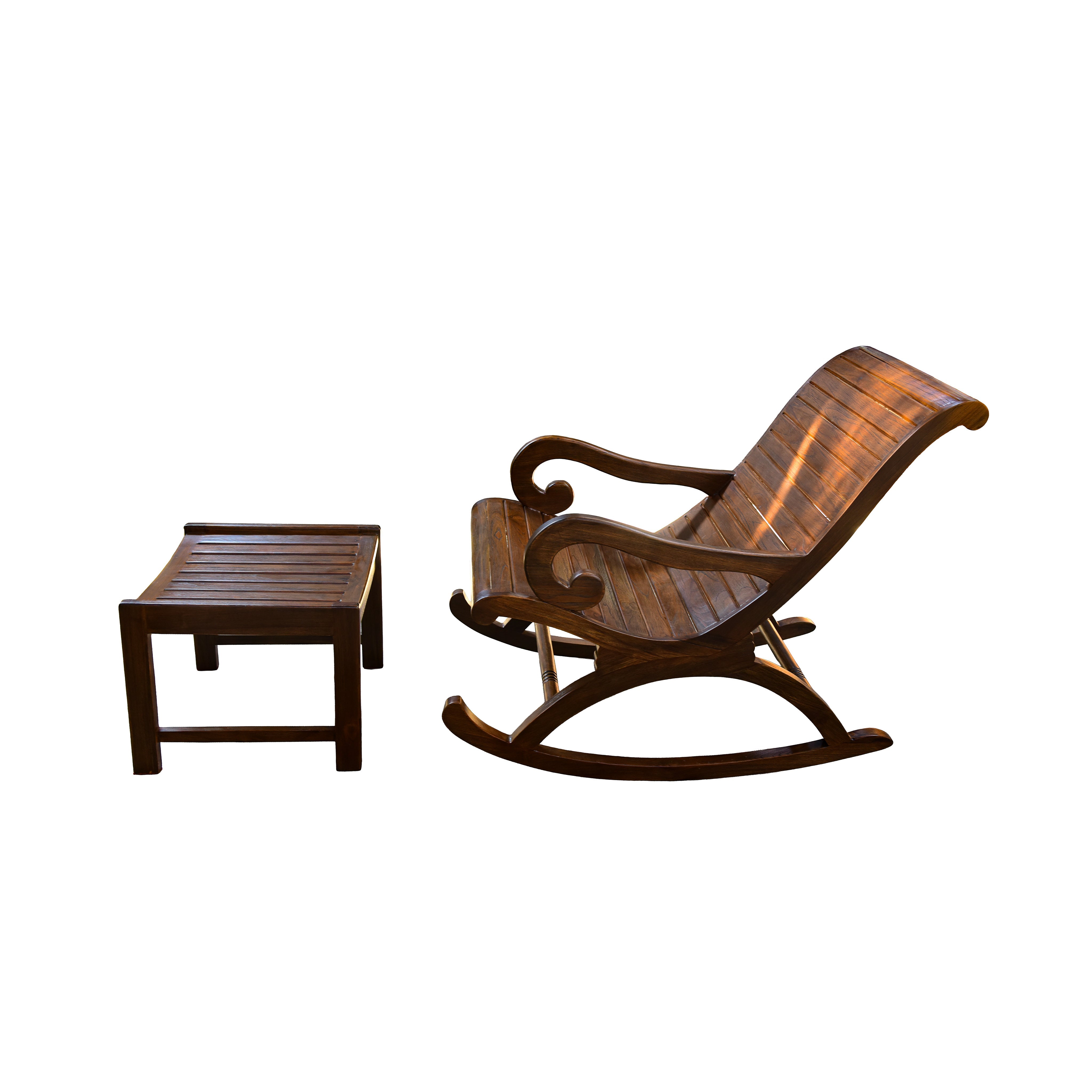 Handcrafted Lanna Style Teak Rocking Chaise Lounge with Ottoman from Chiang Mai Thailand - Lalanna Design