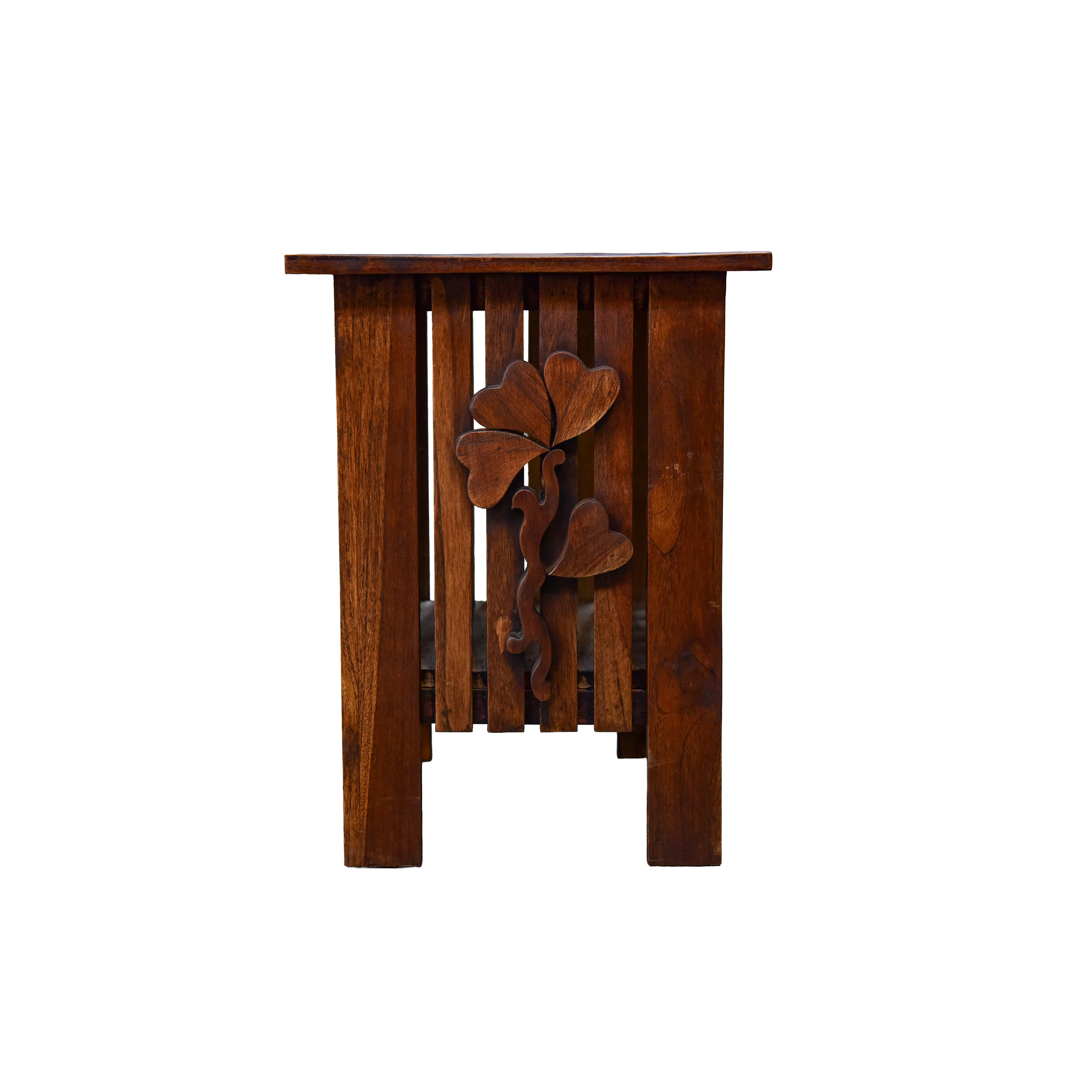 Handcrafted Lanna Style Teak Side Table with Hand-Carved Leaf Motif from Chiang Rai Thailand - Lalanna Design
