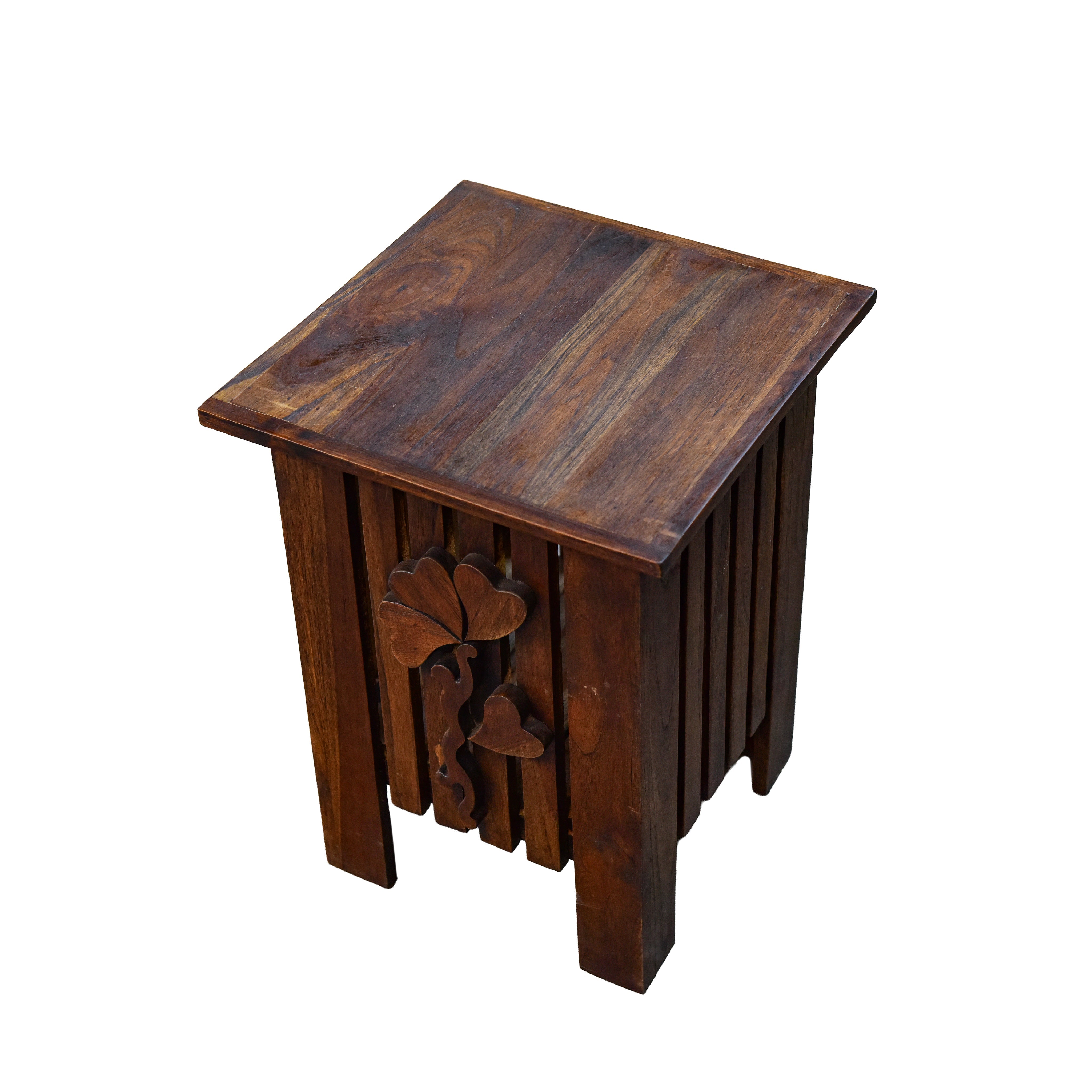 Handcrafted Lanna Style Teak Side Table with Hand-Carved Leaf Motif from Chiang Mai Thailand - Lalanna Design