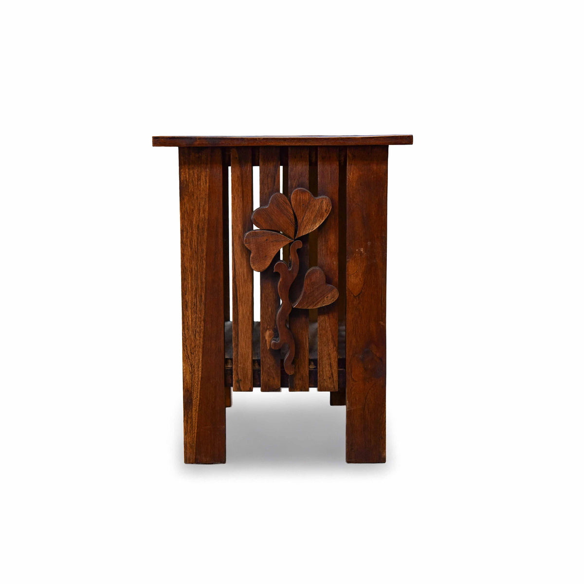 Handcrafted Lanna Style Teak Side Table with Hand-Carved Leaf Motif from Chiang Mai Thailand - Lalanna Design