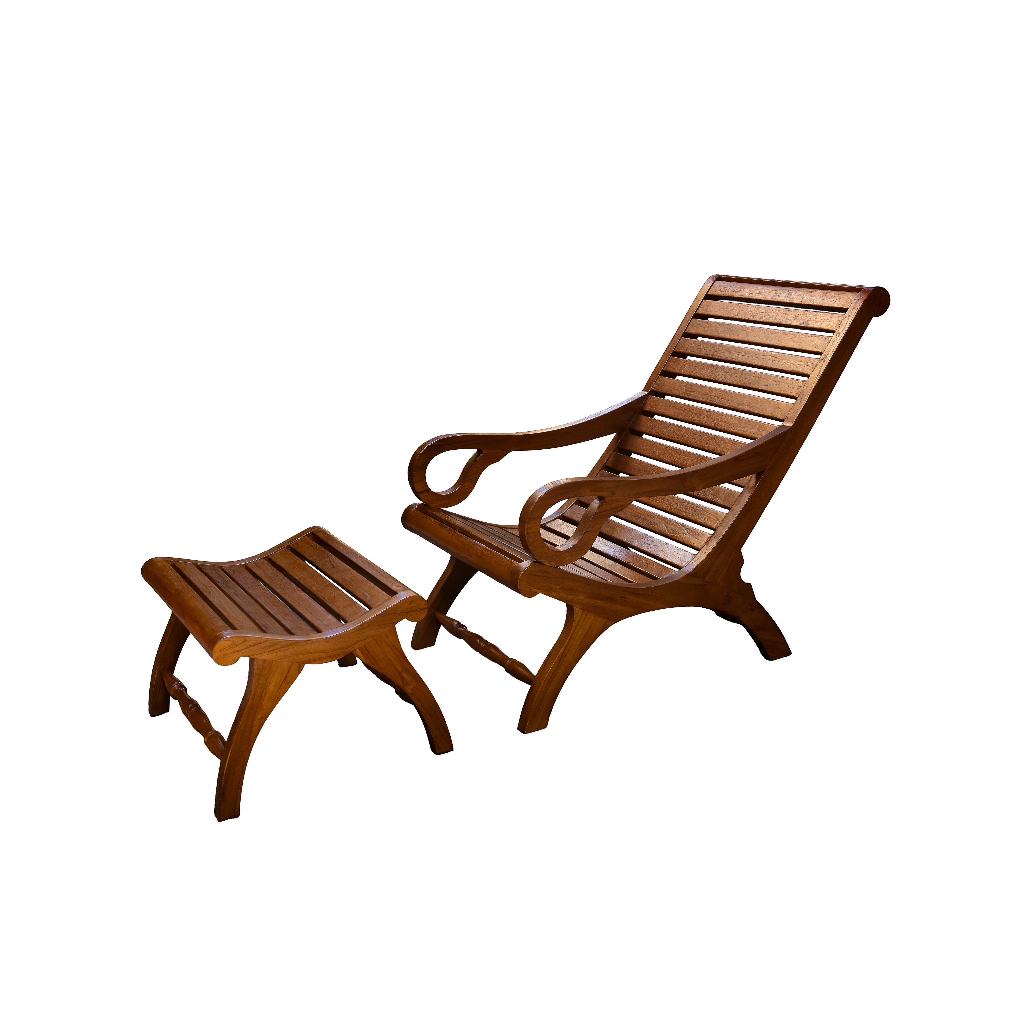 Handcrafted Lanna Style Teak Wood Chaise Lounge Chair with Ottoman from Chiang Rai Thailand - Lalanna Design