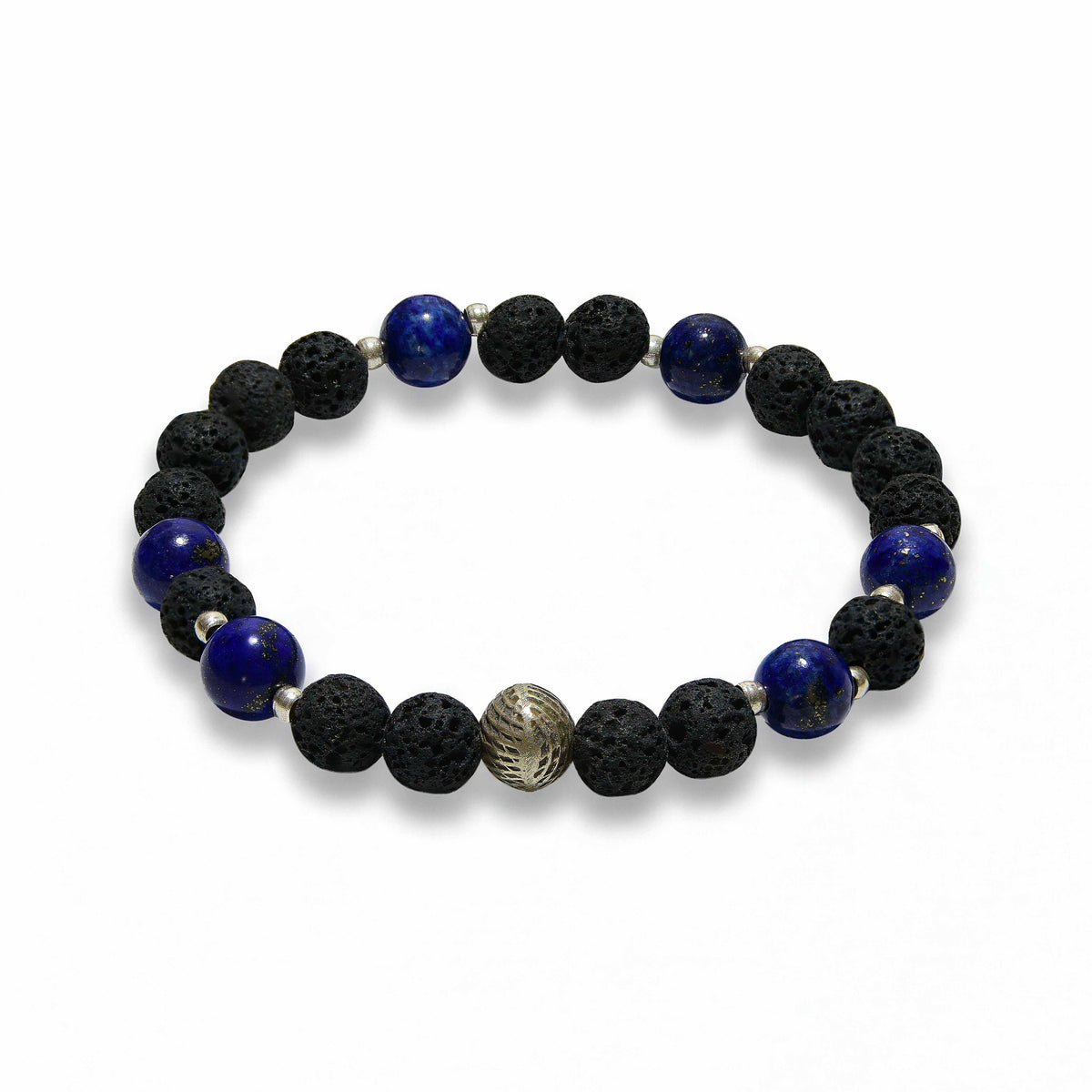 Handcrafted Bracelet Lapis Lazuli and Lava Stone Men's Bracelet with Silver Accent, Handmade Jewelry from Chiang Mai Thailand - Lalanna Design