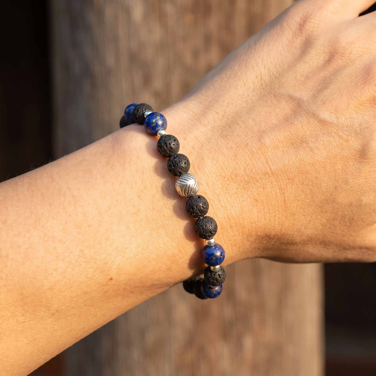Handcrafted Bracelet Lapis Lazuli and Lava Stone Men's Bracelet with Silver Accent, Handmade Jewelry from Chiang Mai Thailand - Lalanna Design