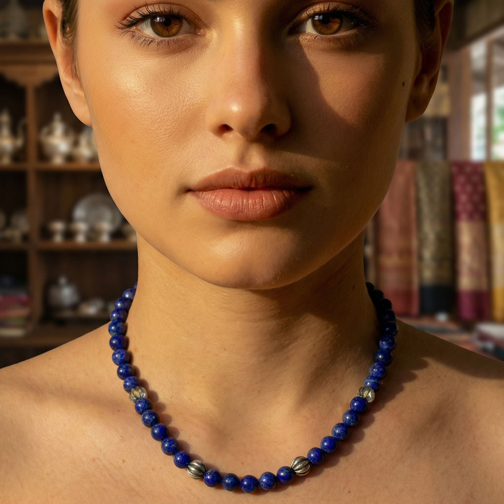 Handcrafted Lanna Lapis Lazuli Necklace with Silver Beads