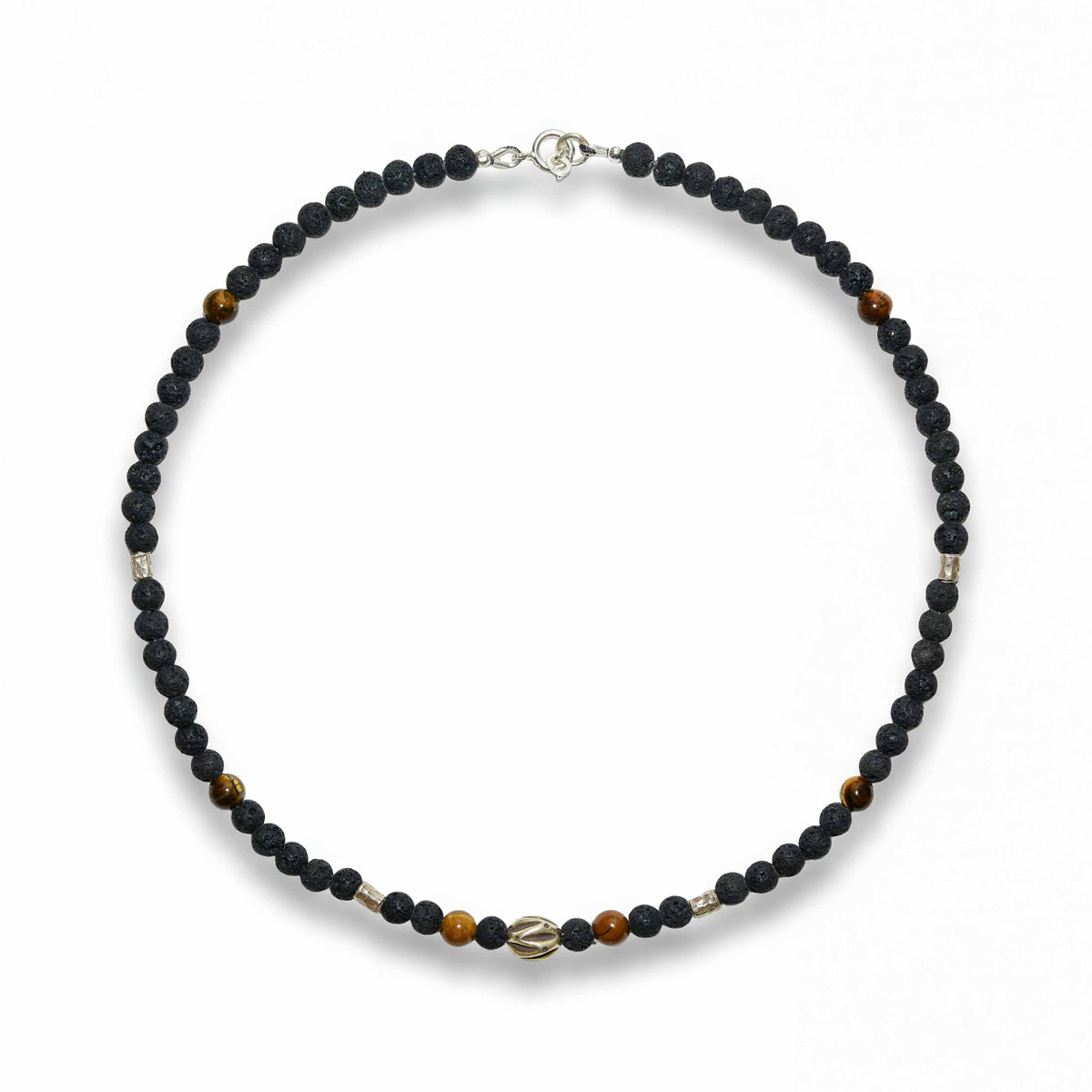 Handcrafted Necklace Lava Stone and Tiger Eye Men's Necklace with Silver Spacers, Handmade Jewelry from Chiang Mai Thailand - Lalanna Design