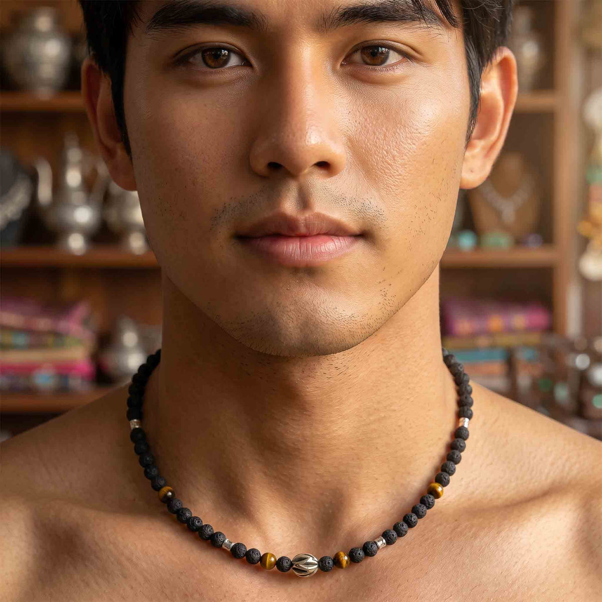 Handcrafted Necklace Lava Stone and Tiger Eye Men's Necklace with Silver Spacers, Handmade Jewelry from Chiang Mai Thailand - Lalanna Design