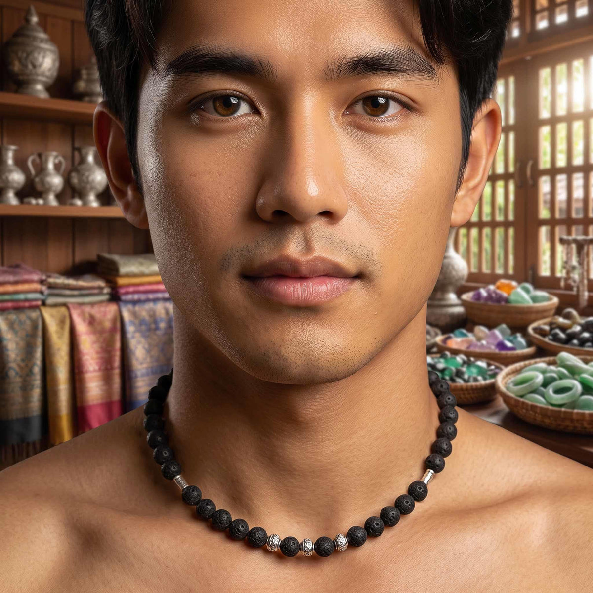 Handcrafted Necklace Lava Stone Men's Necklace with Silver Beads, Handmade Jewelry from Chiang Mai Thailand - Lalanna Design
