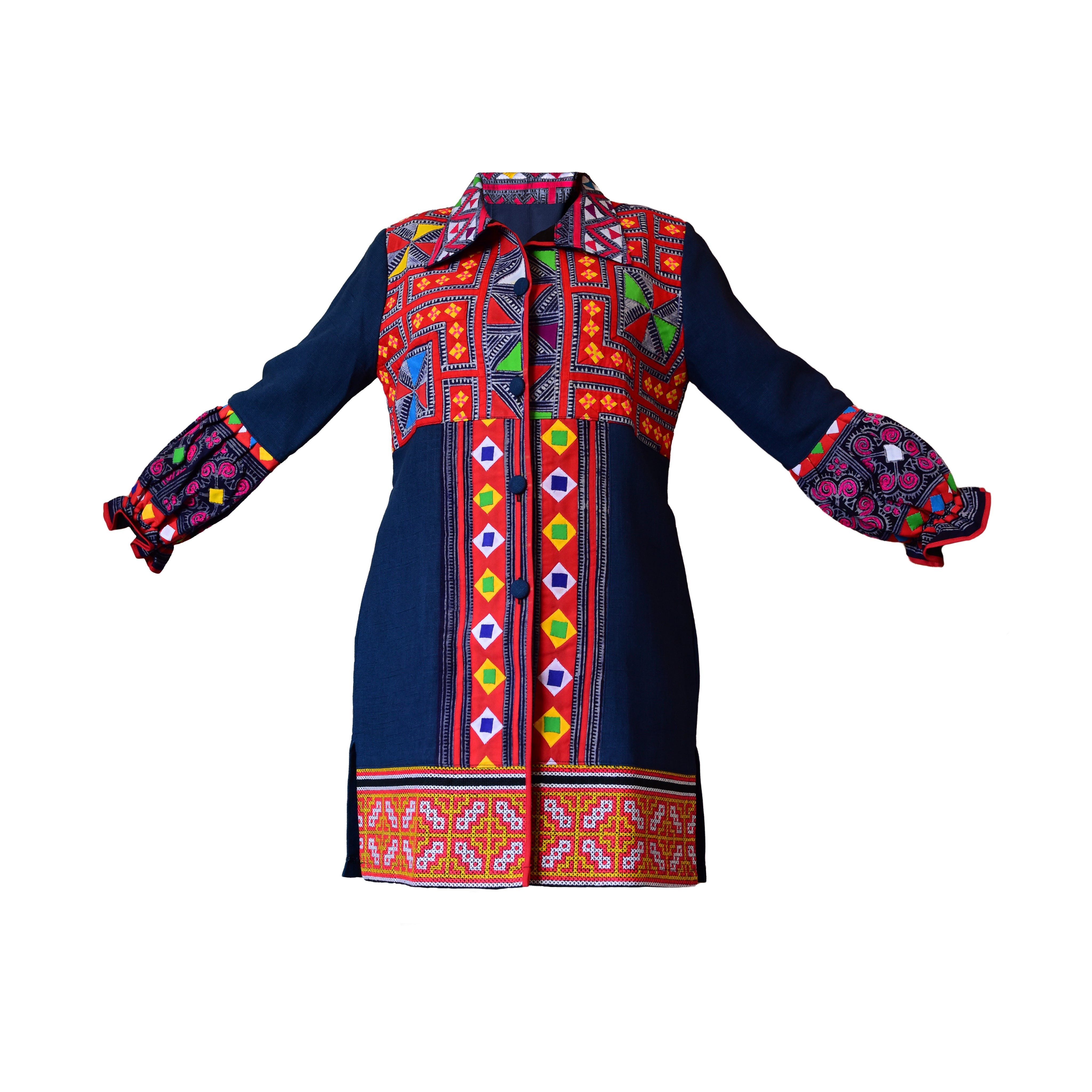 Handcrafted Modern-Style Hmong Embroidered Dress Jacket Vibrant Tribal Print from Chiang Mai Thailand - Lalanna Design